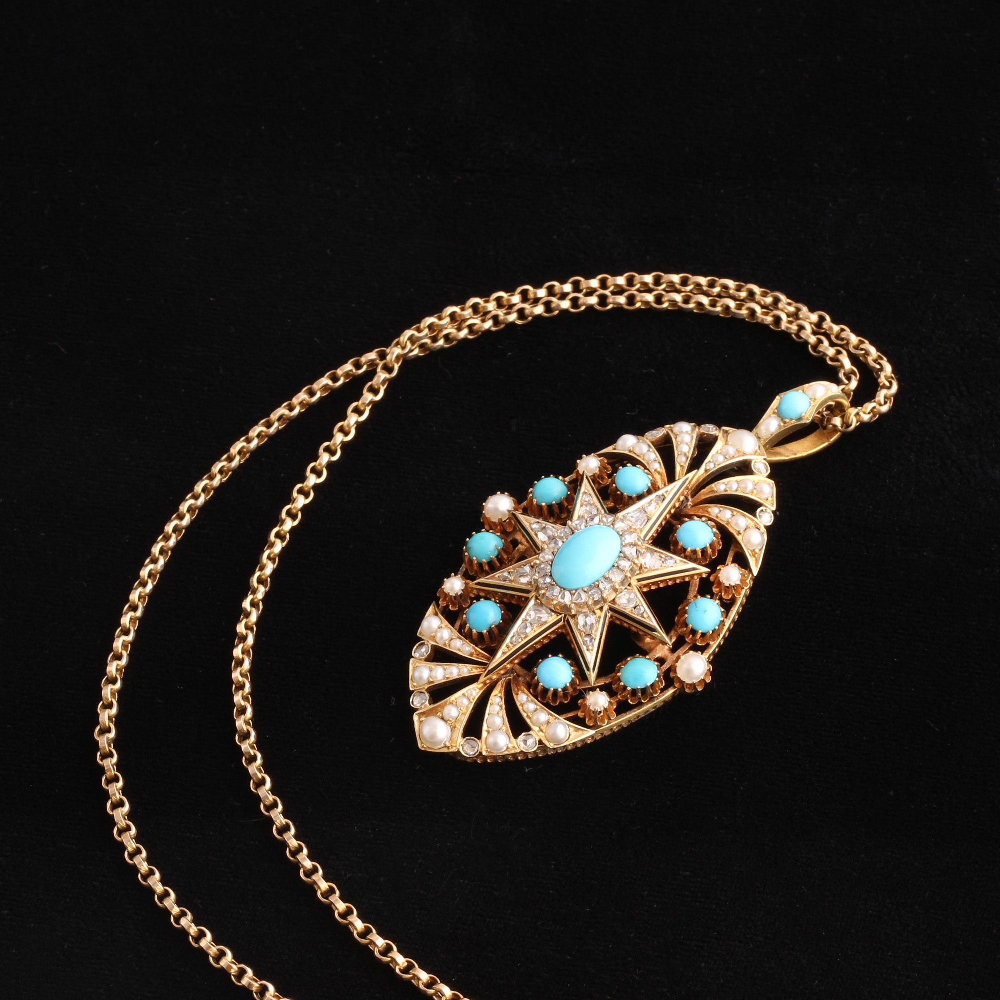 Victorian Enamel, Rose Cut Diamond, Pearl and Persian Turquoise Starburst Pendant