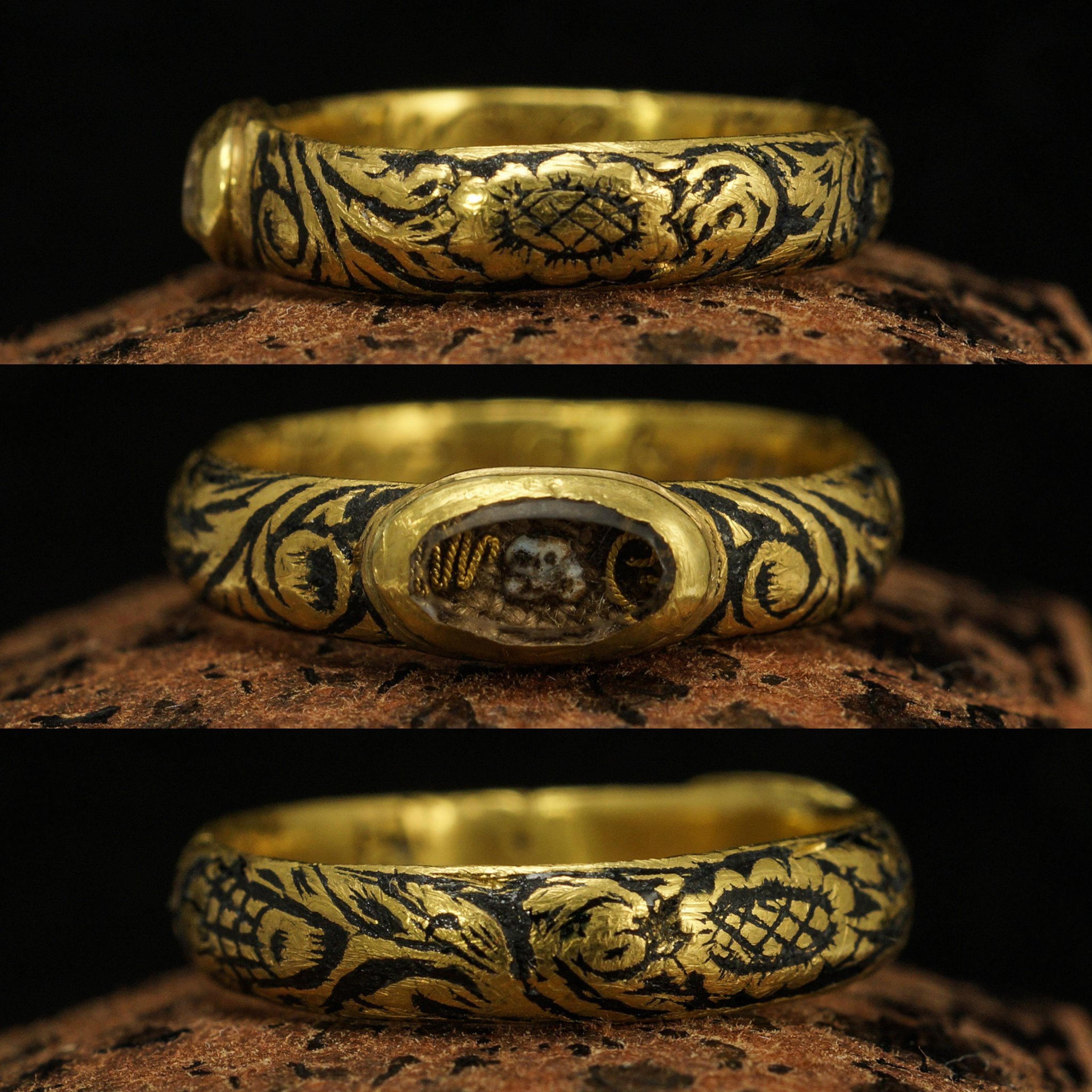 Three details of Baroque Mourning Ring with Skull and Crossbones and Cipher