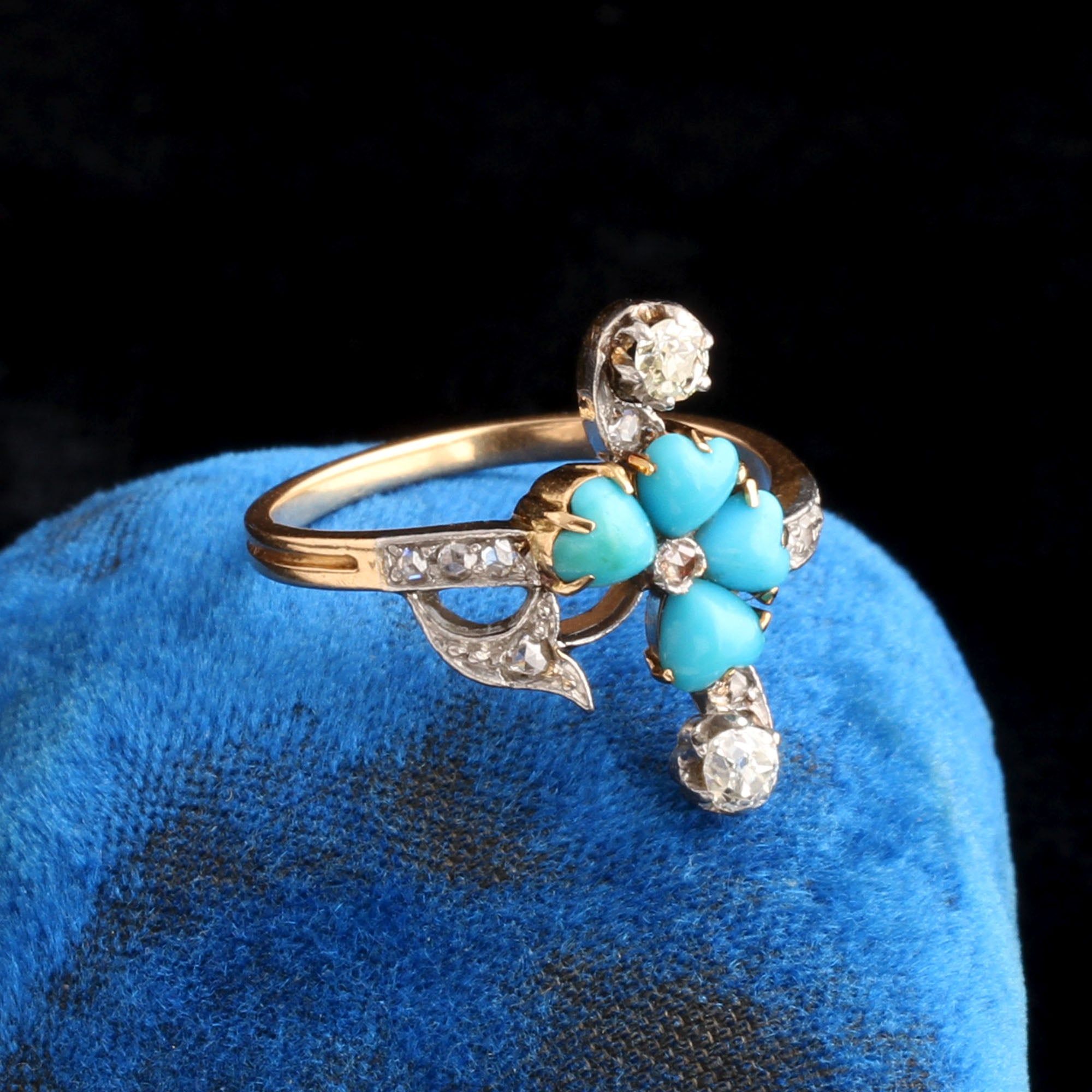 Art Nouveau Diamond & Turquoise Clover Toi et Moi Ring