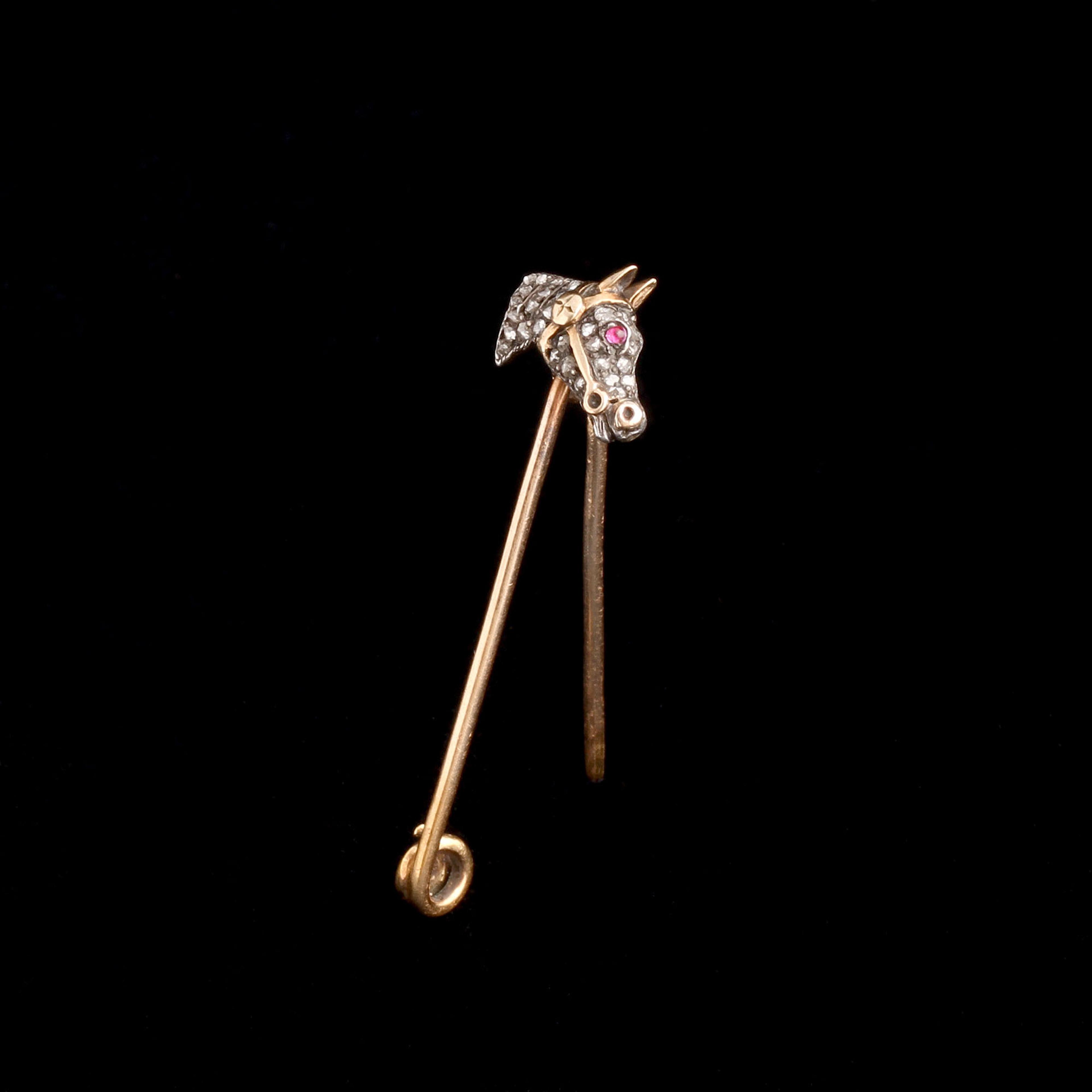 Victorian Diamond & Ruby Horse Head Safety Pin