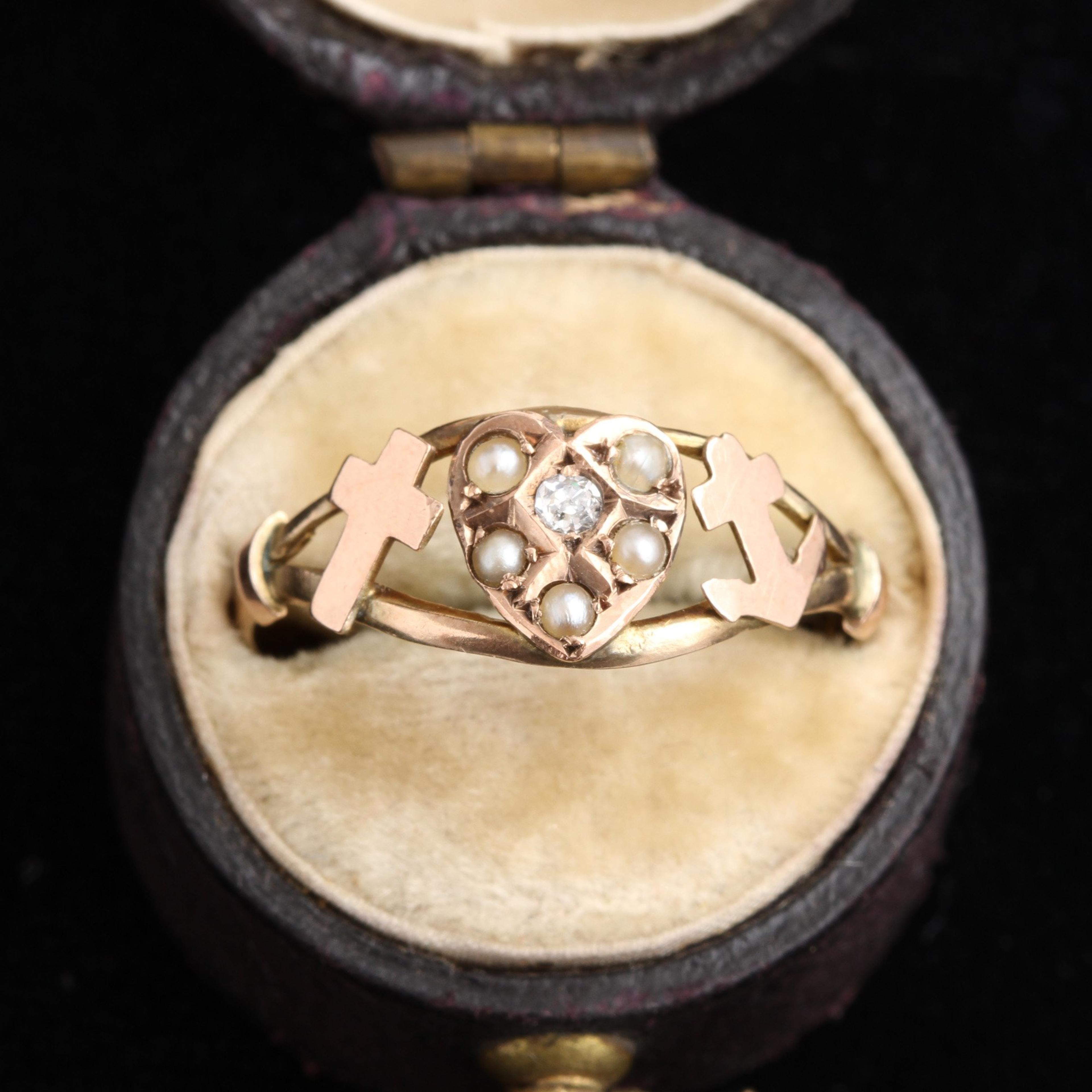 Late Victorian Diamond and Pearl Faith Hope Charity Ring