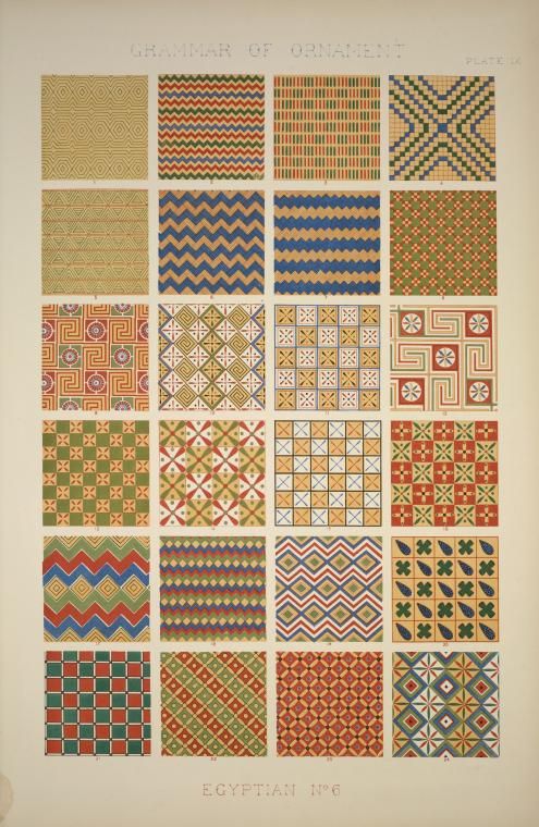 Egyptian no. 6; geometrical ornaments from ceilings of tombs, Grammar of Ornament, Owen Jones, 1856, from the New York Public Library.