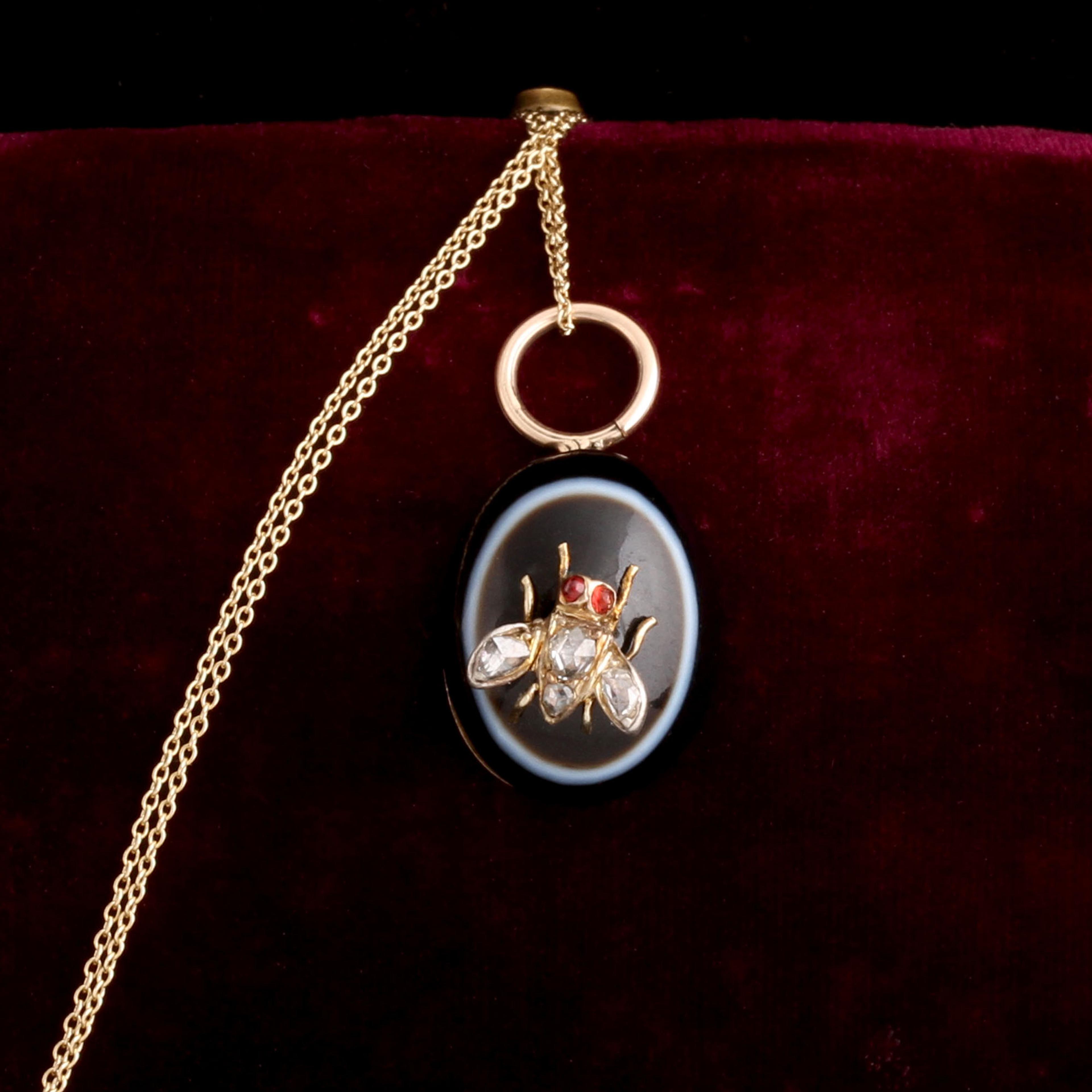 Victorian Diamond & Garnet Fly Bullseye Agate Necklace