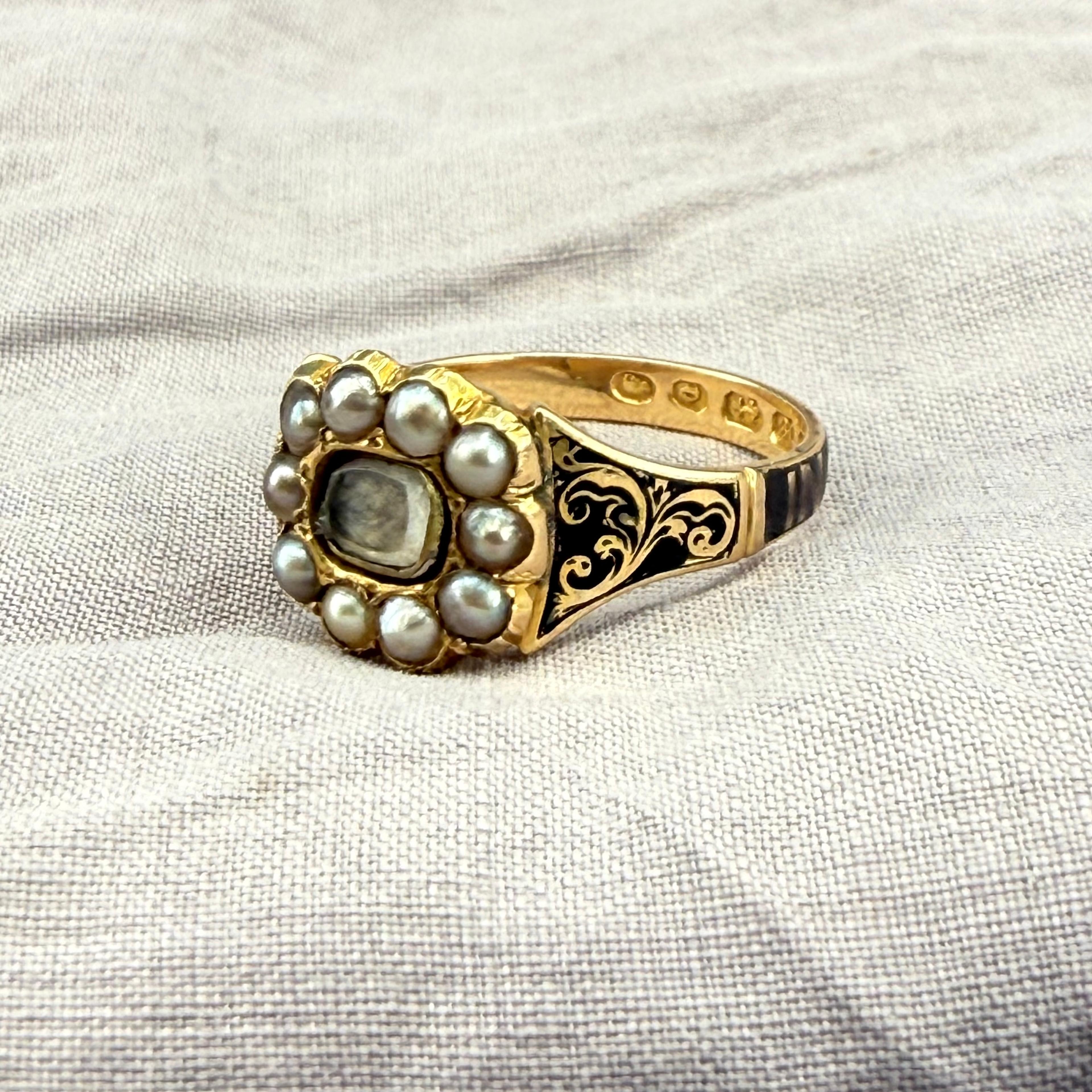 QV 1891 Mourning Ring w/ Black Enamel and Pearls