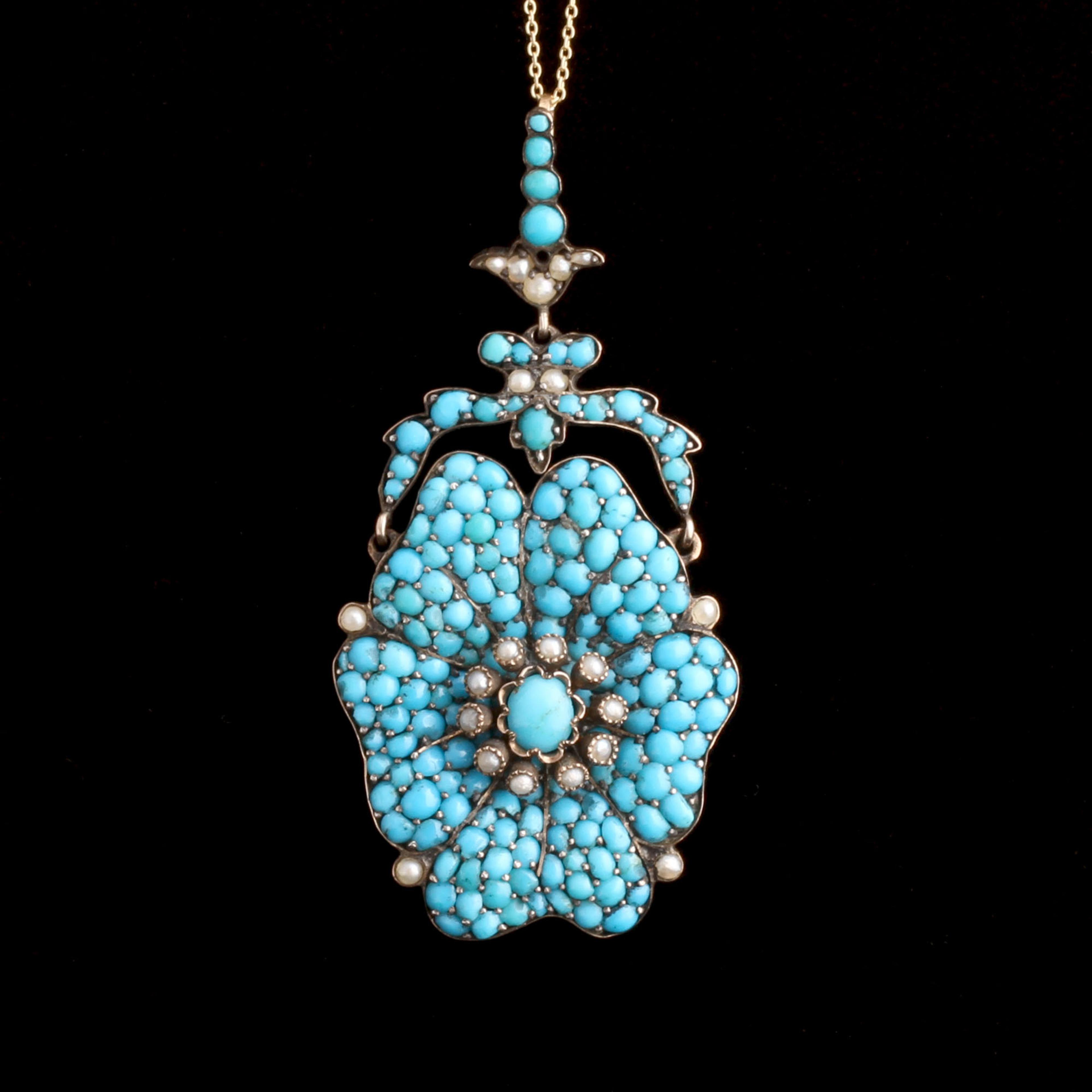 Georgian Turquoise & Pearl Pansy Pendant