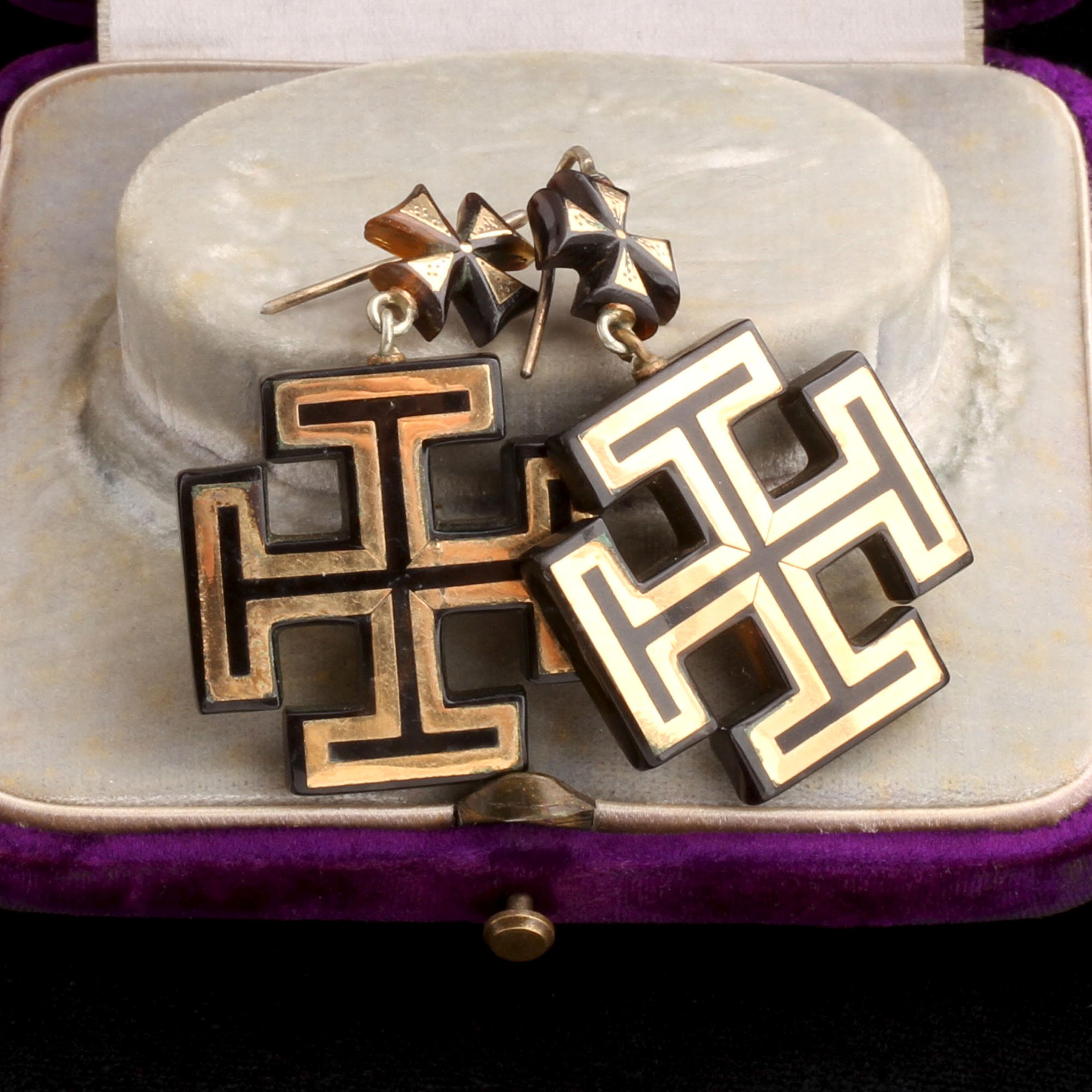 Detail of Victorian Pique Maltese and Jerusalem Cross Earrings