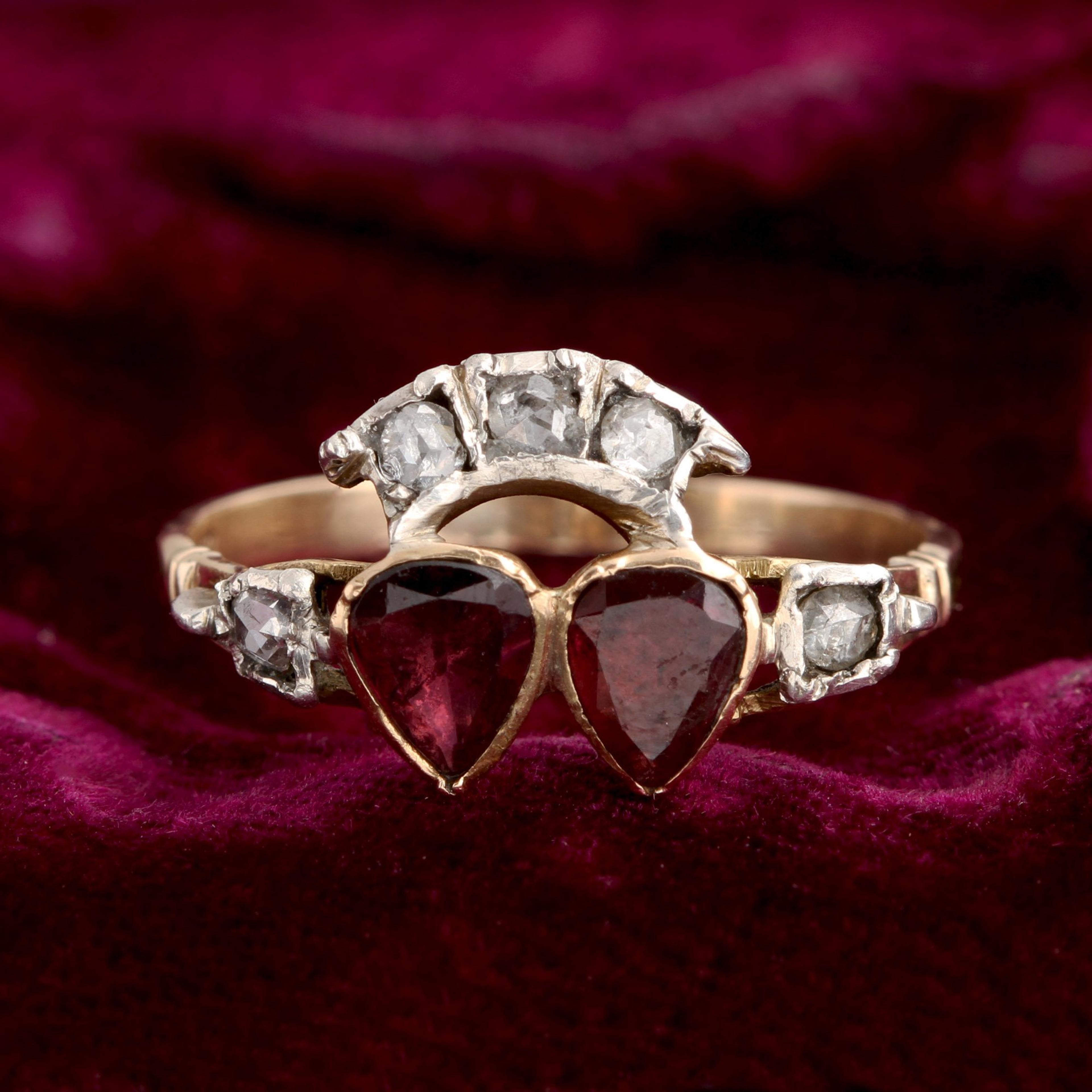 Detail of Georgian Garnet & Diamond Twin Hearts Ring