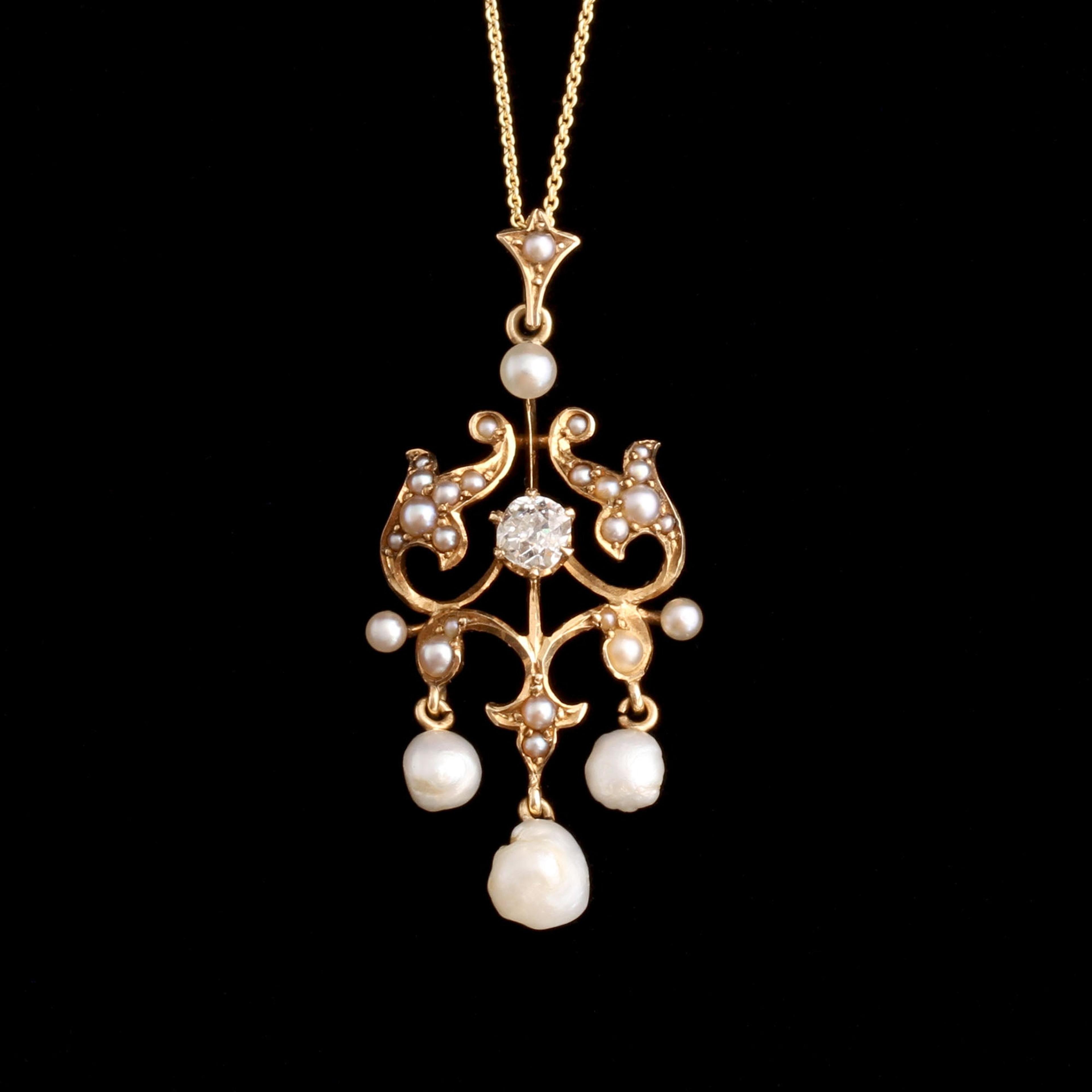 Detail of Edwardian Diamond & Pearl Lavaliere