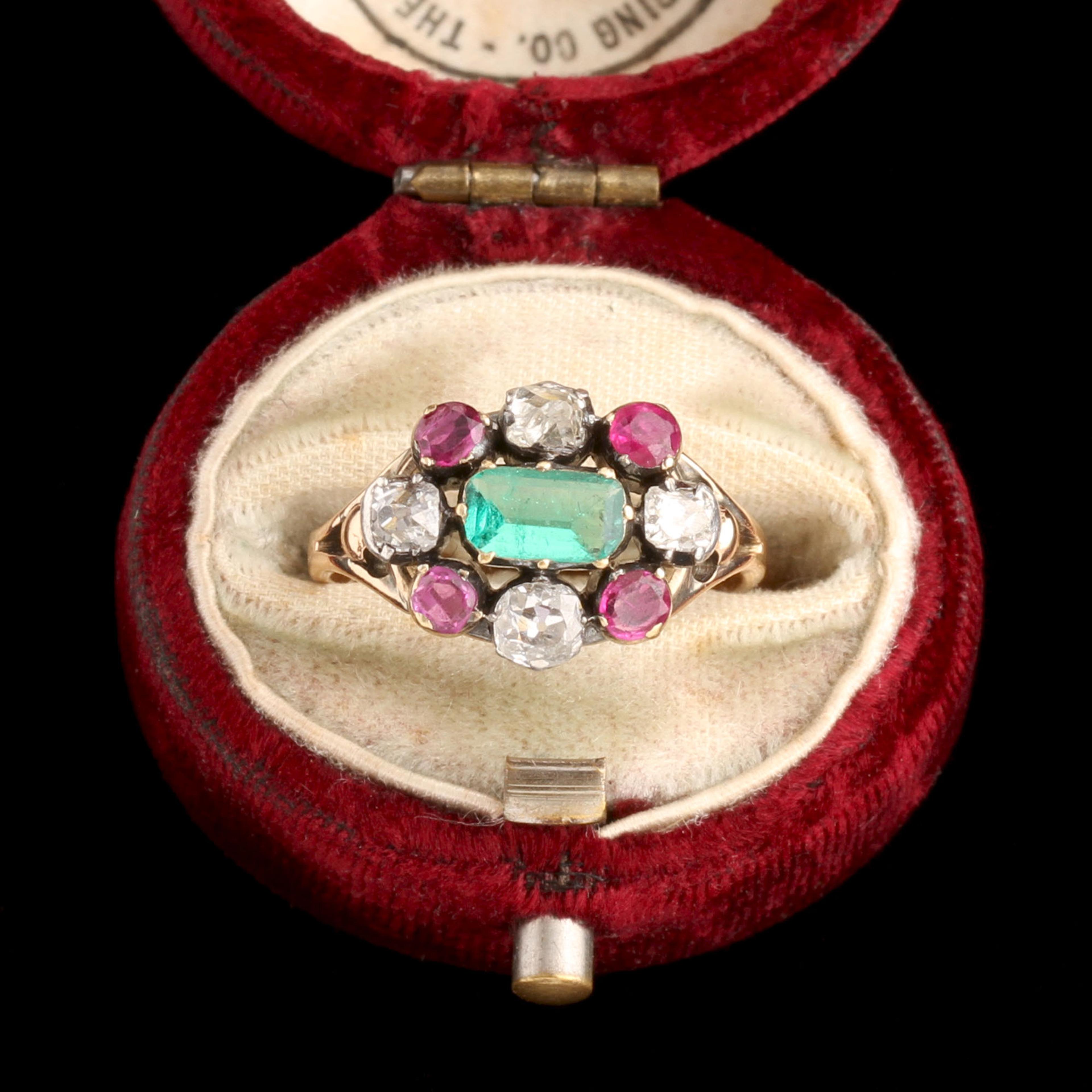 Victorian Emerald, Ruby & Diamond Cluster Ring 