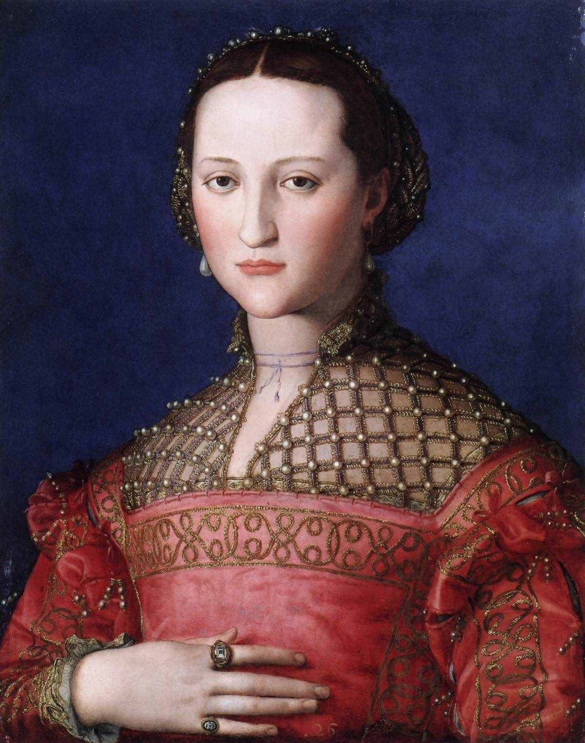 Painted shortly after Eleanora married Cosimo I de'Medici in 1539. The large diamond on her first figure was her wedding ring. The smaller ring on her pinky is a signet ring with her personal emblem. Portrait of Eleonora di Toledo, by Bronzino, 1543. Národní Galerie, Prague 