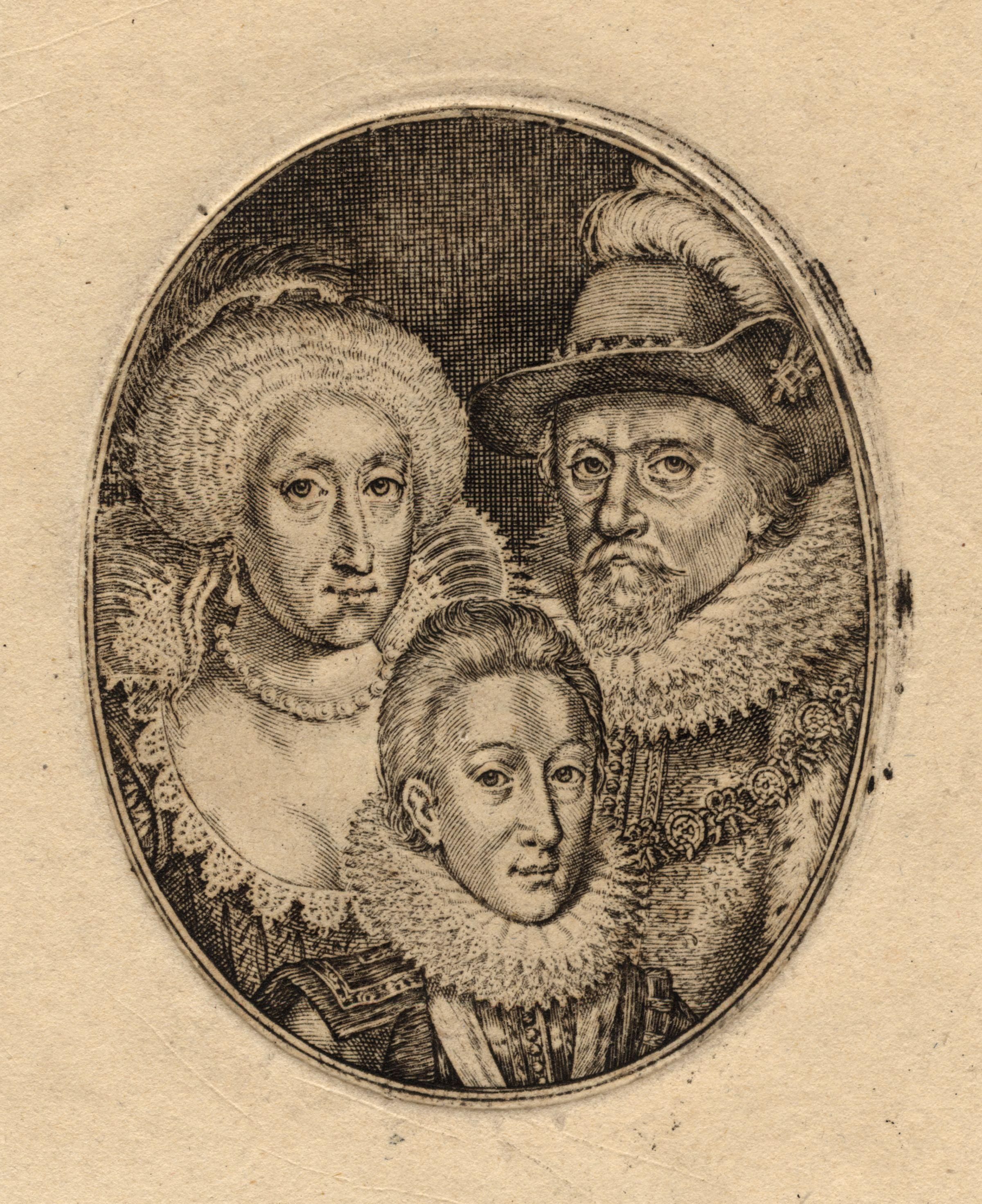engraving of three royals, black and white, 1612
