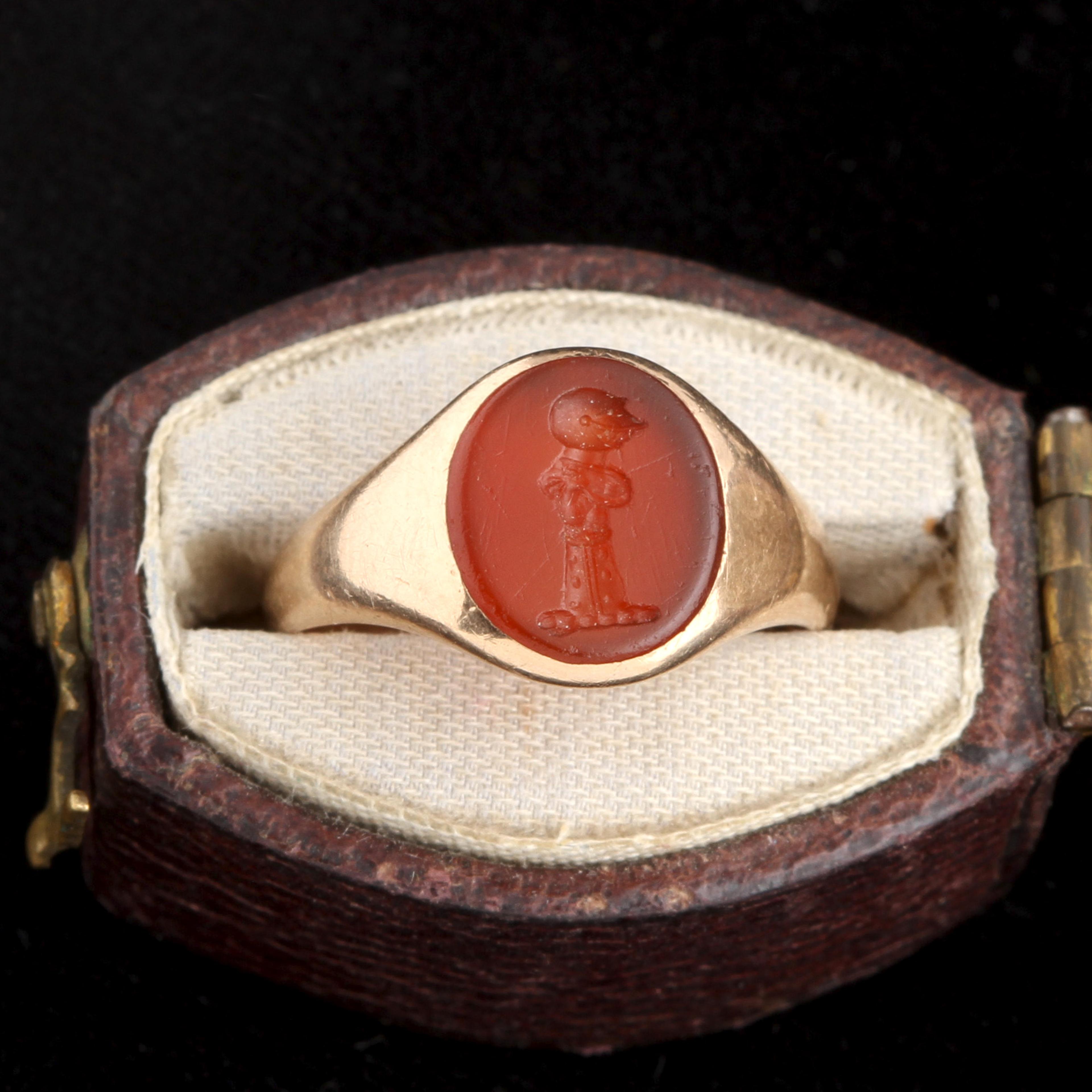 Detail of 1940s Kenney Crest Carnelian Signet Ring