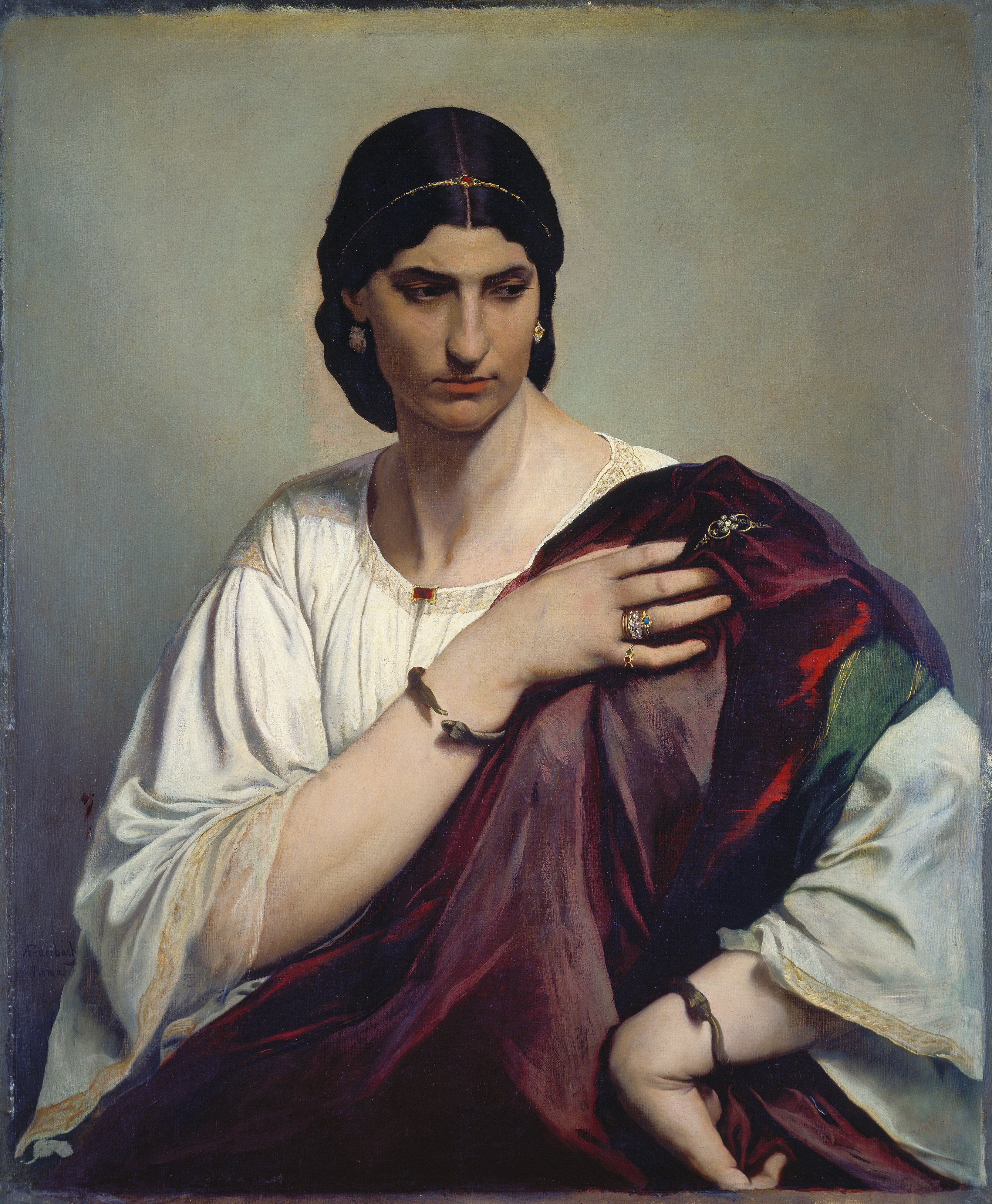 Lucrezia Borgia; Portrait of a Roman woman in a white tunic and red cloak, ca 1862-1866, Anselm Feuerback, Staedel Museum
