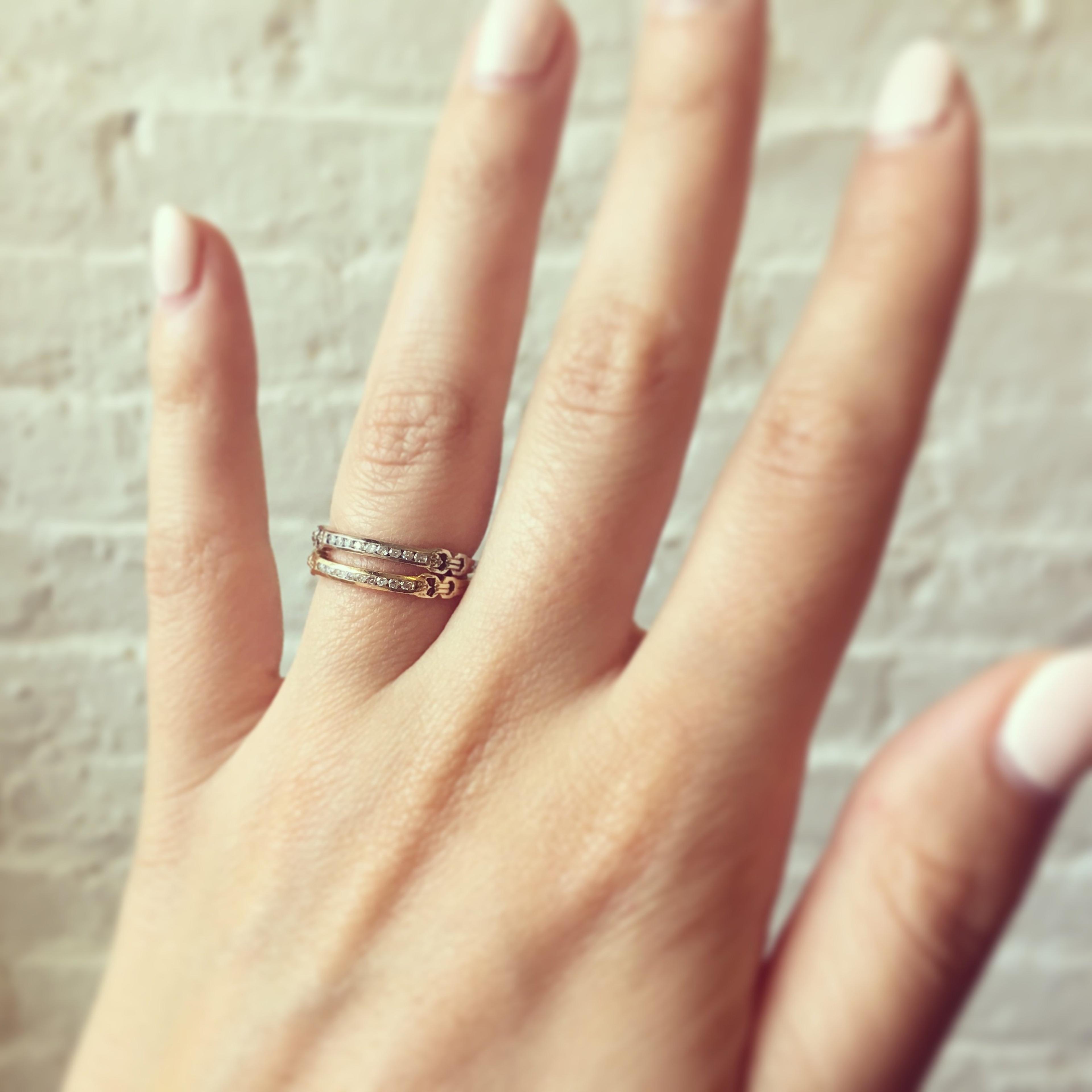 Closeup of the Liberty Band (14k White Gold) worn on the ring finger