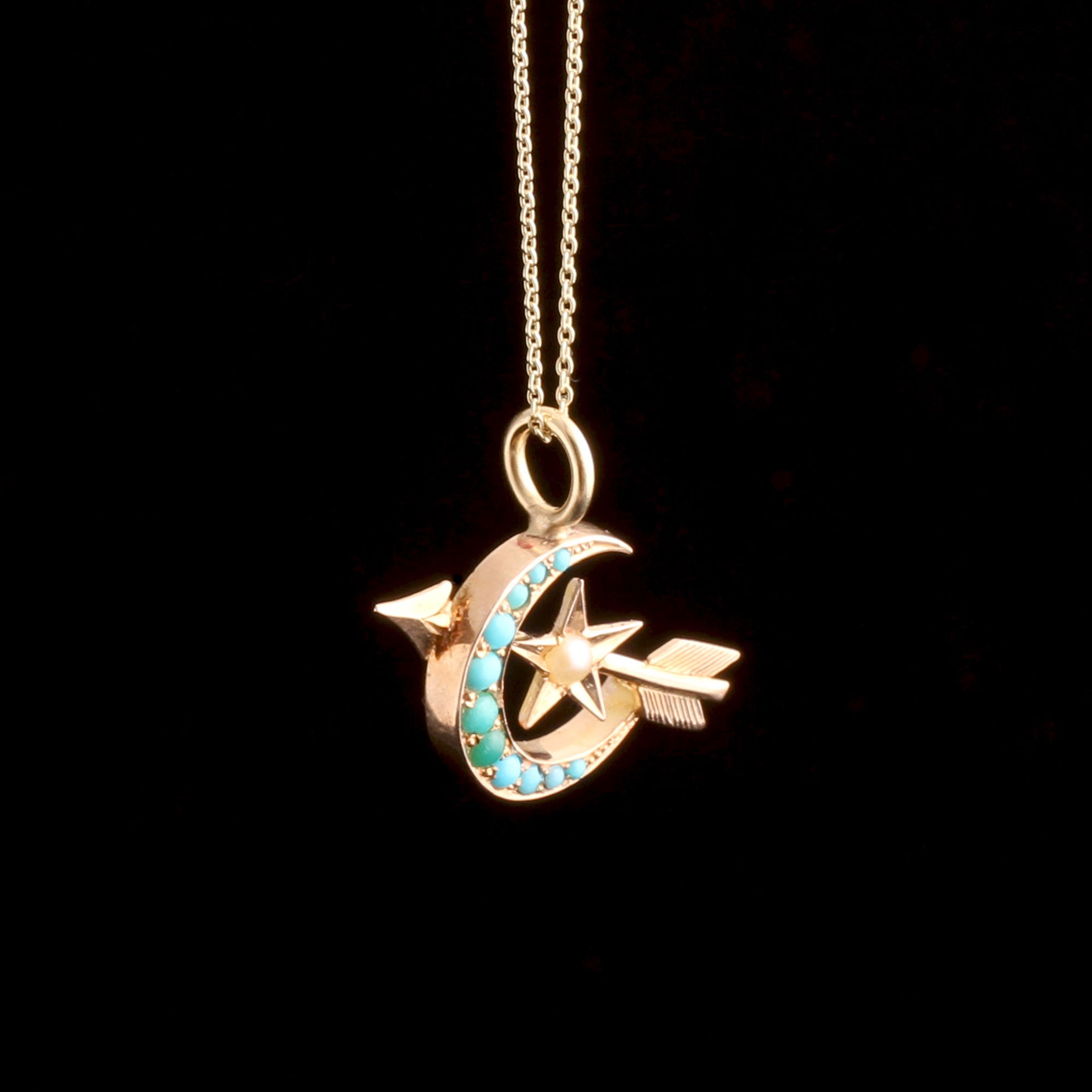 Victorian Turquoise & Pearl Crescent & Arrow Necklace