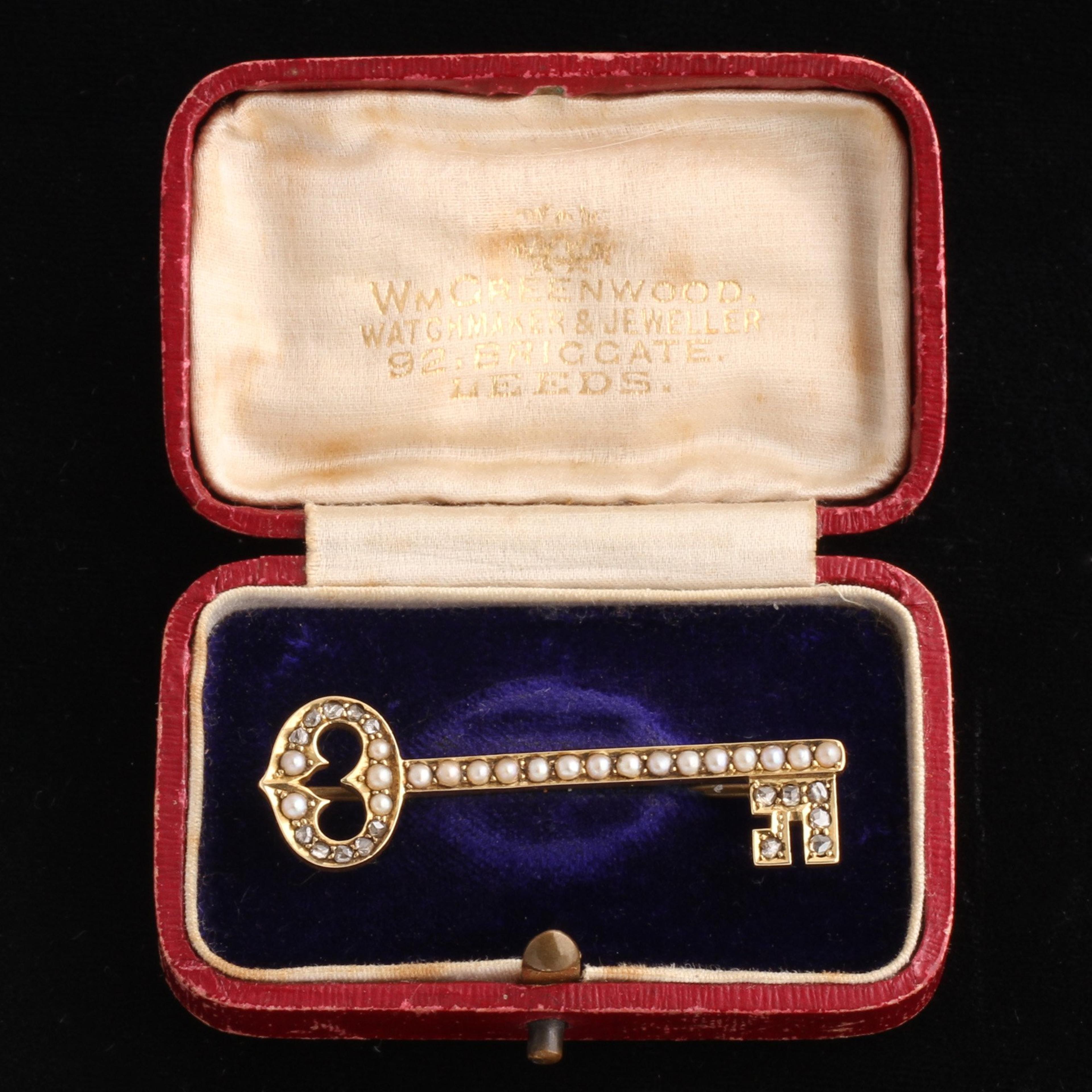 Victorian Diamond & Pearl Key Brooch