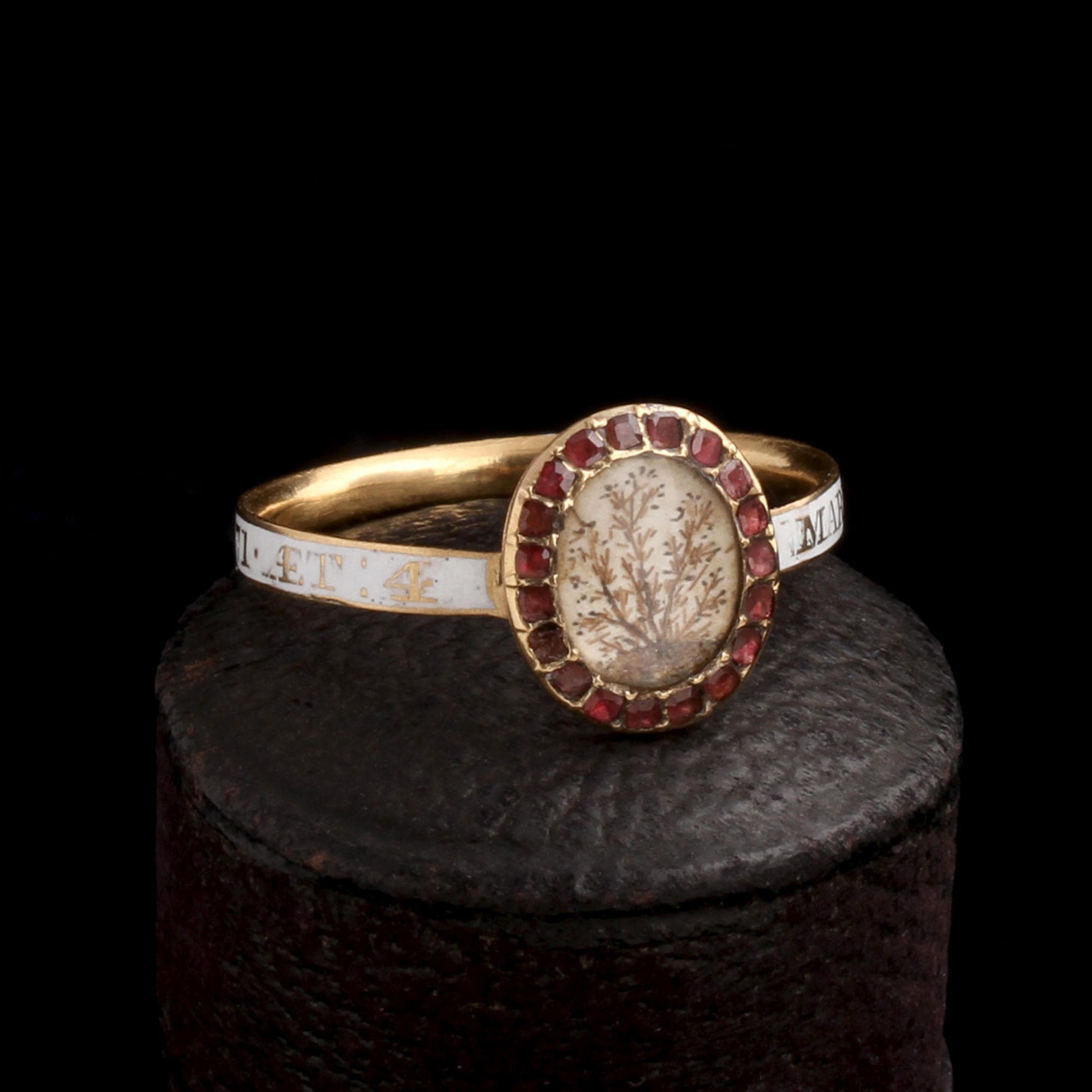 Detail of Georgian White Enamel & Garnet Memorial Ring