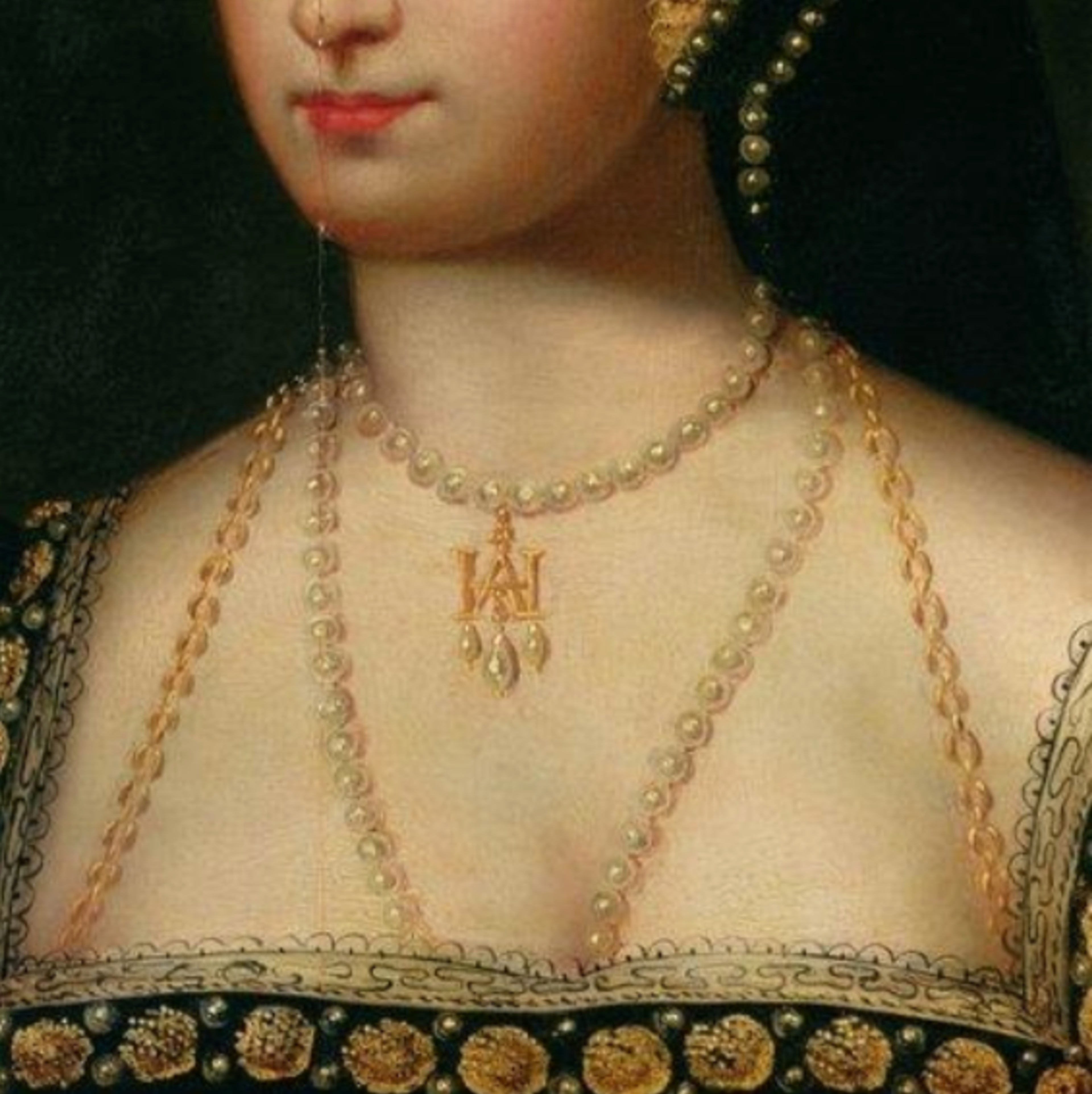 Artist Hans Holbein also designed a pendant for Anne with an intertwined ‘H’ and ‘A.’ detail from 18th century miniature, Loseley House.