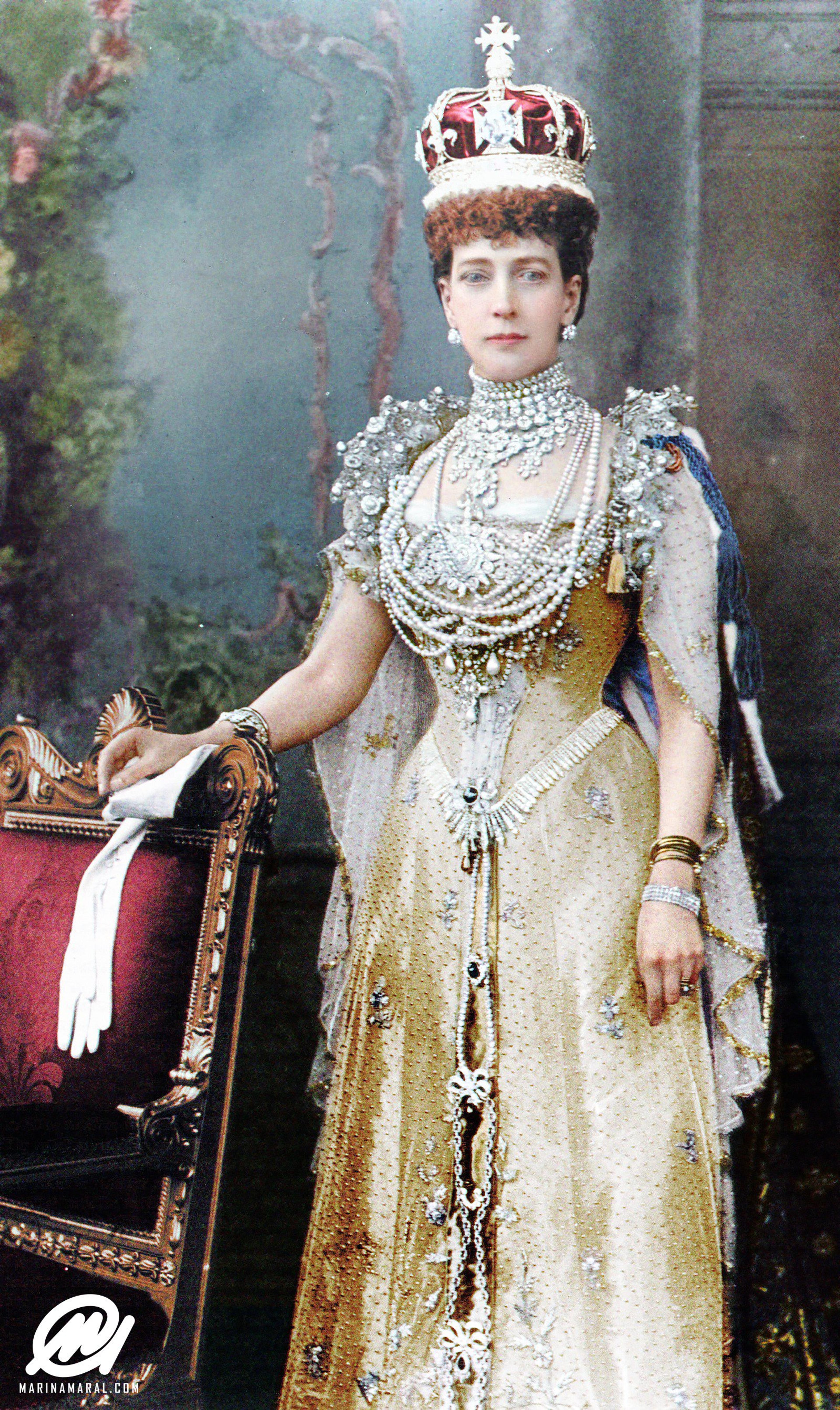 Queen Alexandra wearing the Dagmar cross (underneath those ropes of pearls) at the coronation in 1902.