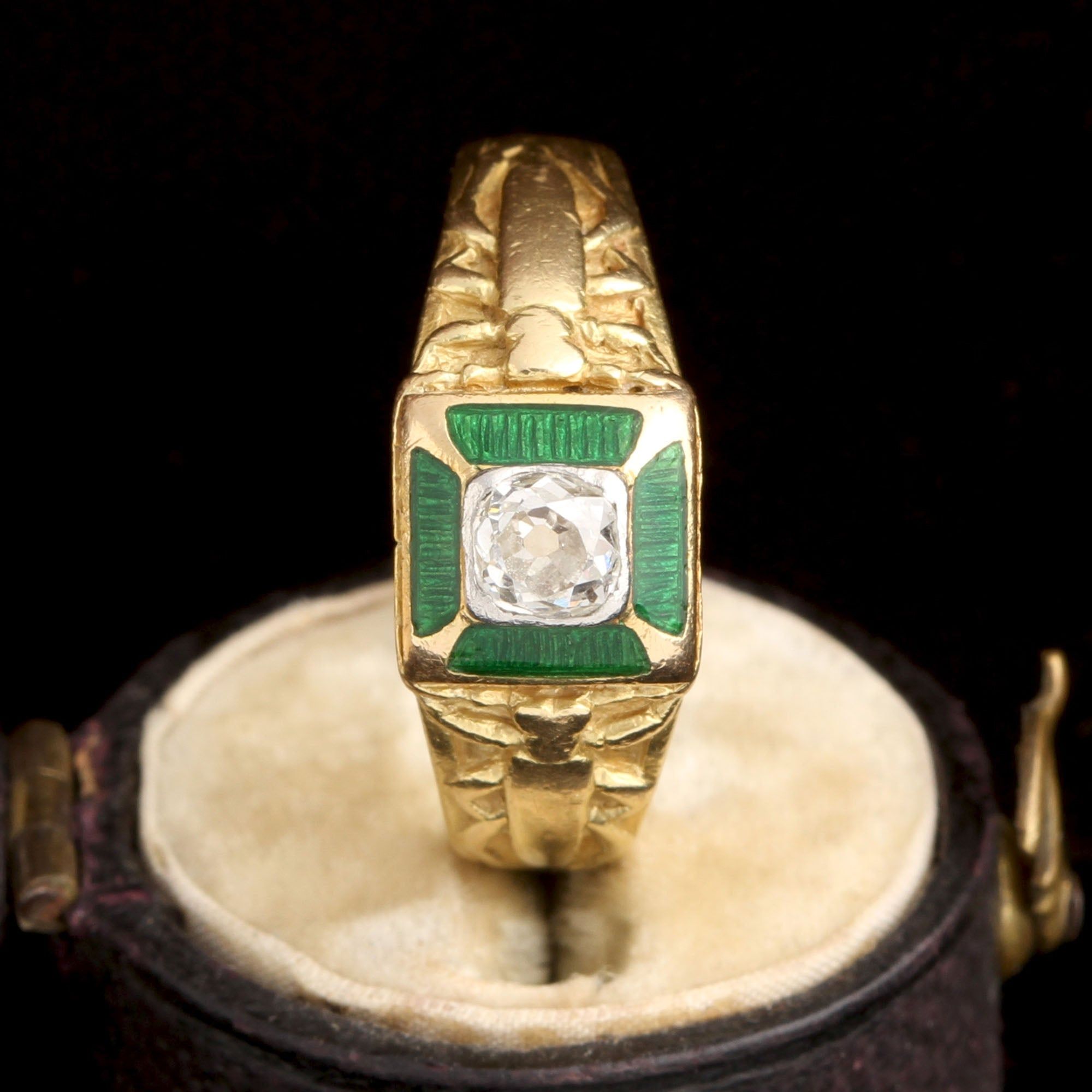 Art Nouveau Diamond & Enamel Locust Ring