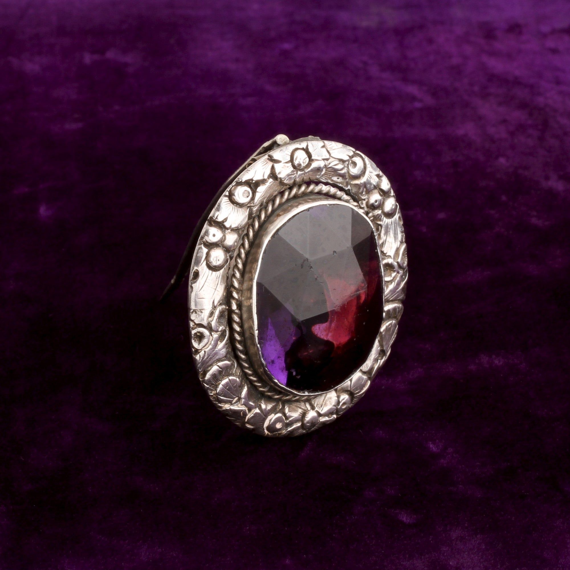 Detail of Victorian Amethyst Paste Cheapside Silver Brooch
