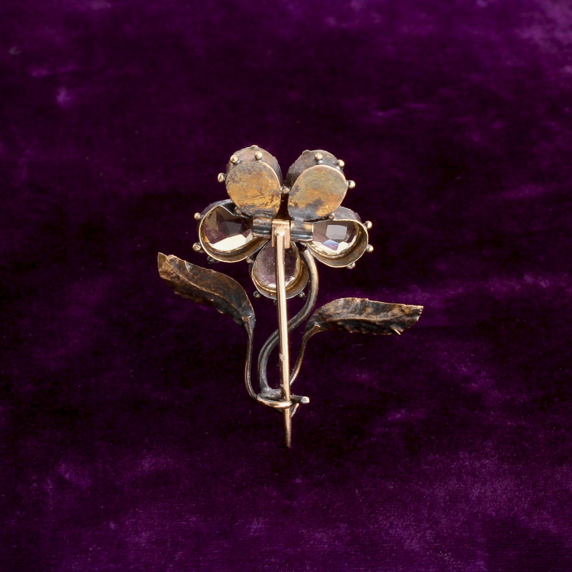 Back Detail of Early Victorian Citrine & Amethyst Pansy Brooch