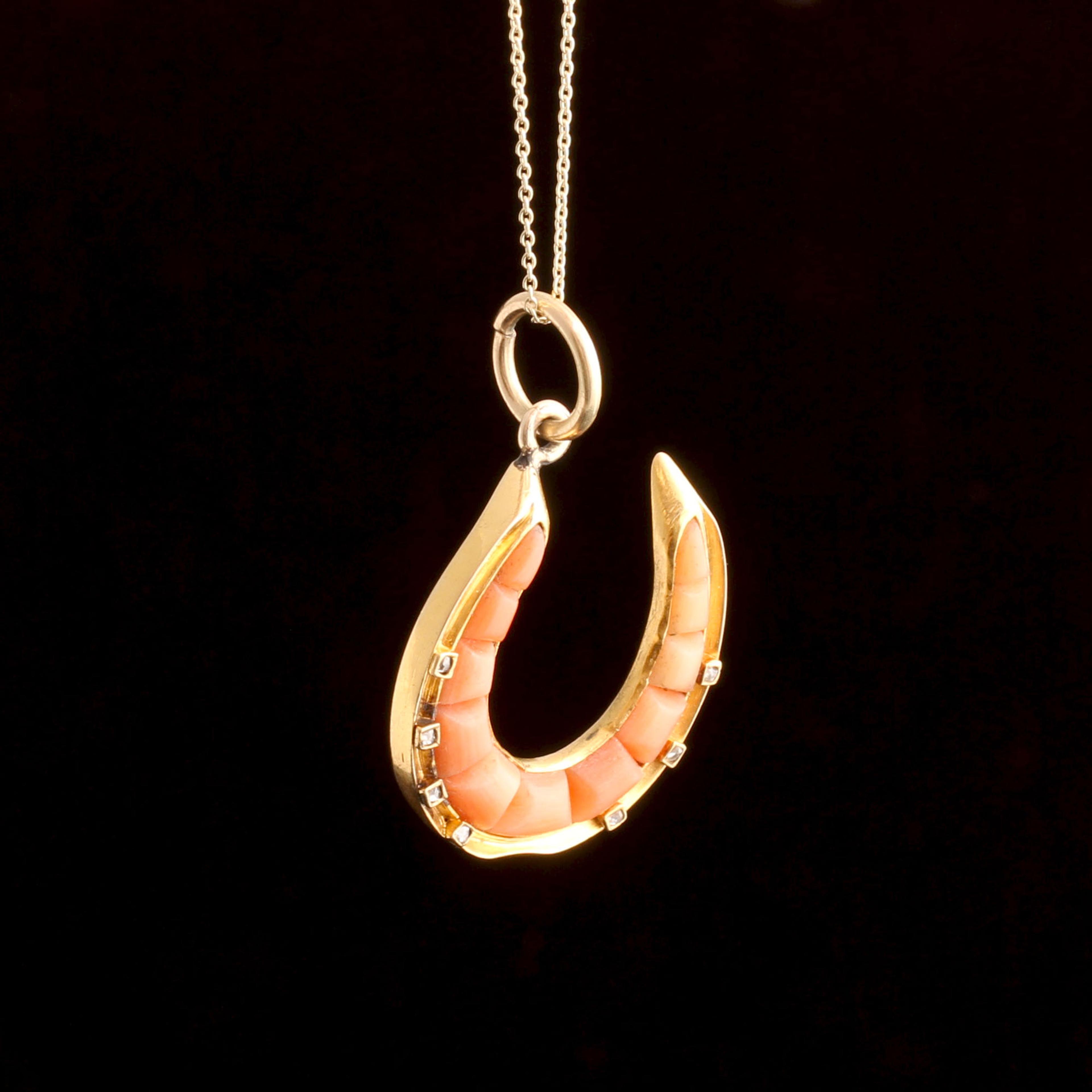 Victorian Calibré Cut Coral & Diamond Horseshoe Necklace