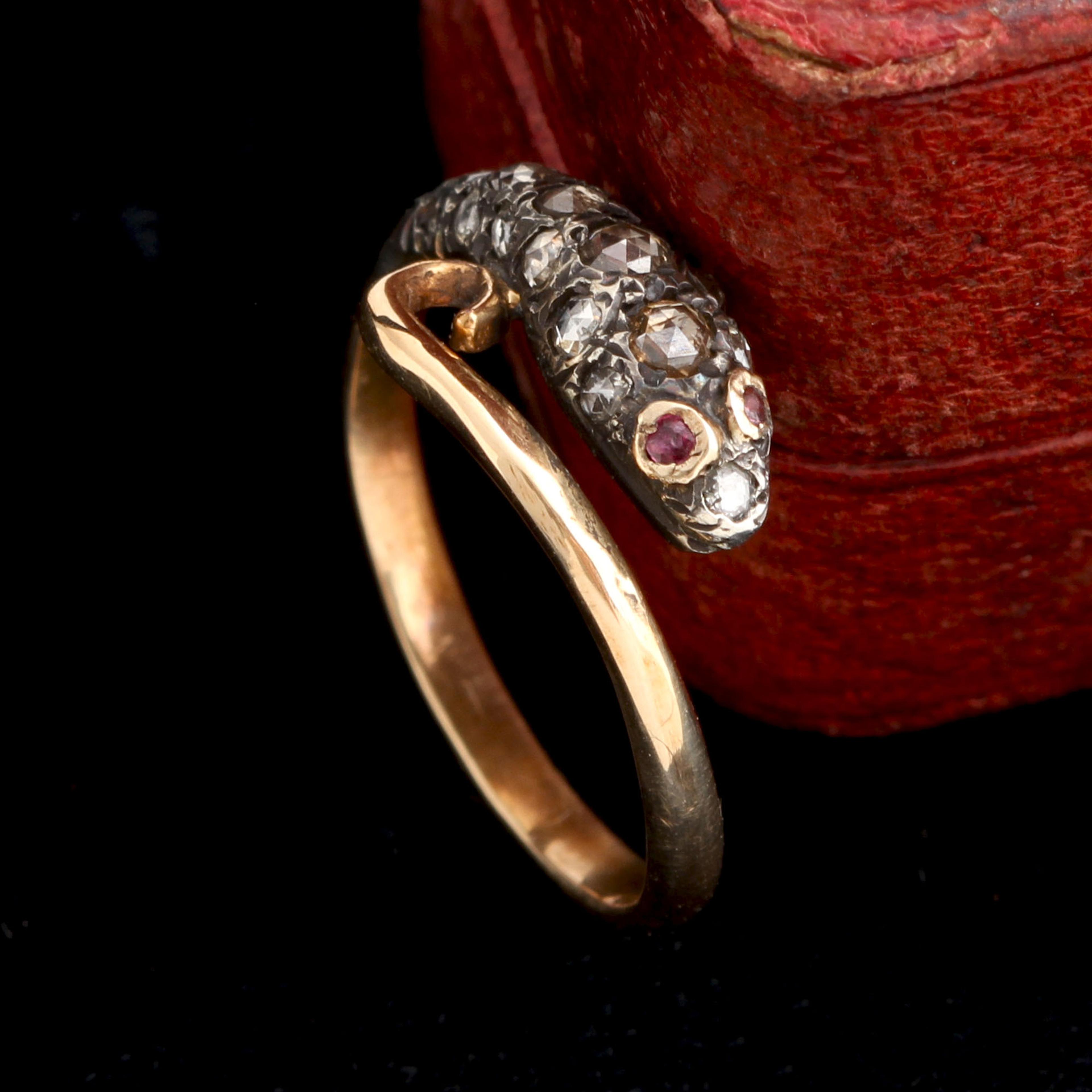 Georgian Ruby-Eyed Diamond Snake Ring