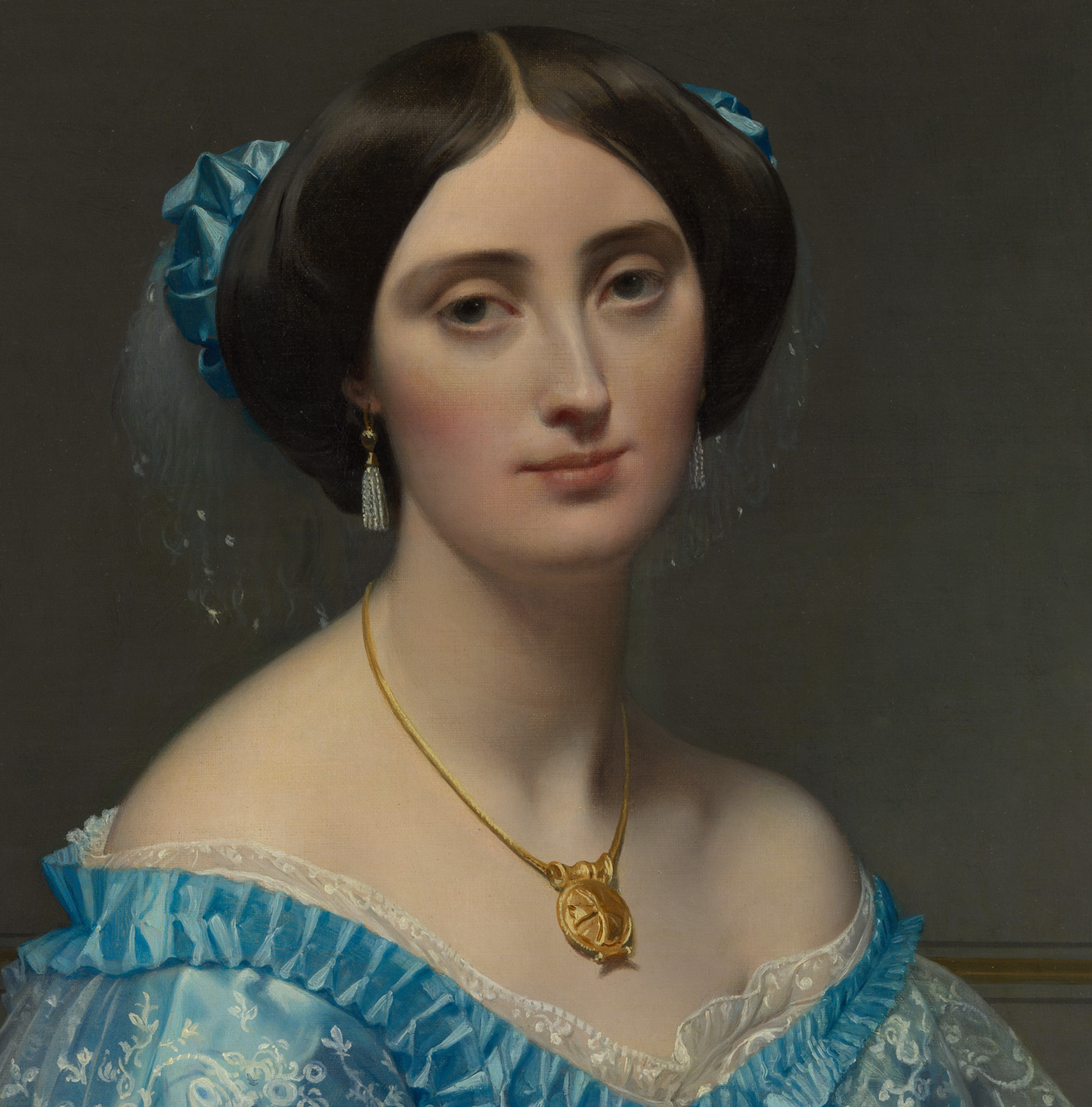 Wearing a gold chain and pendant. Princesse de Broglie, 1851-53 by Jean Auguste Dominique Ingres.