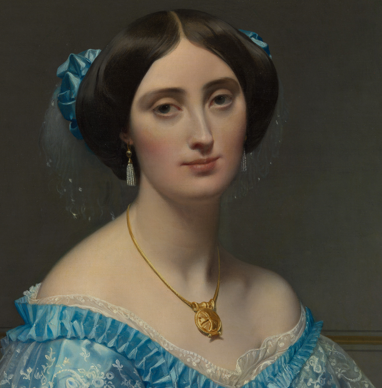Wearing a gold chain and pendant. Princesse de Broglie, 1851-53 by Jean Auguste Dominique Ingres.
