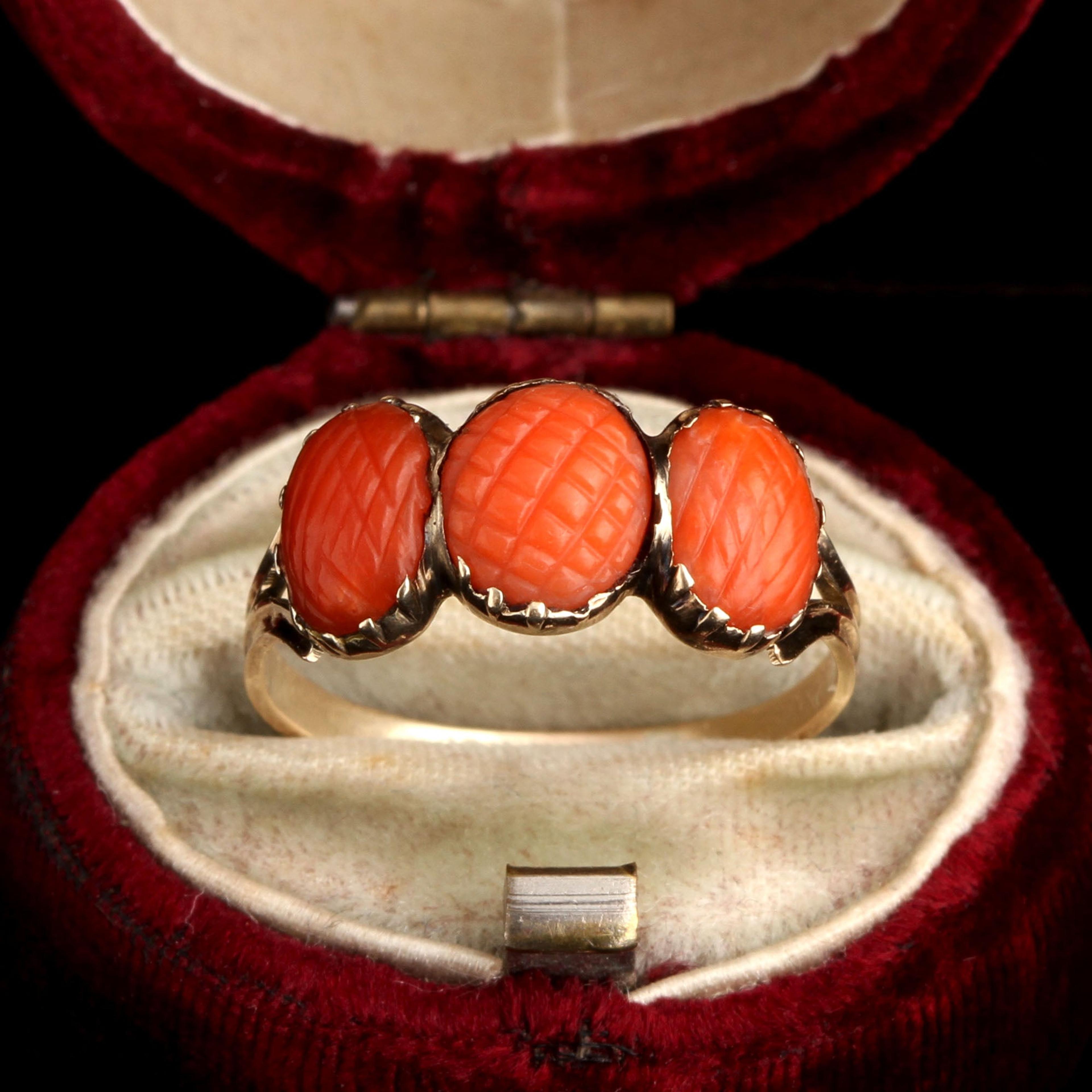 Georgian Pineapple Carved Coral Three Stone Ring