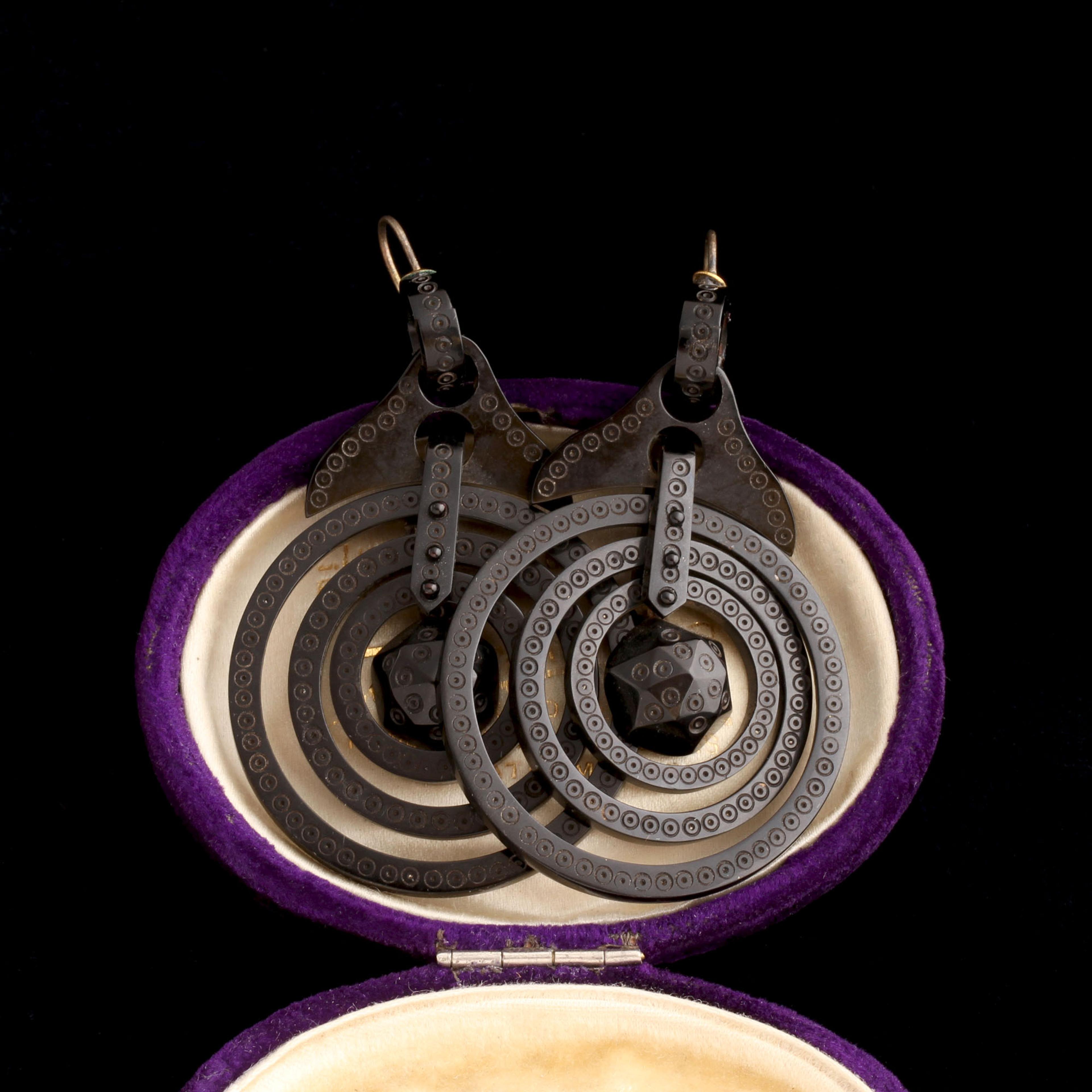 Detail of Victorian Vulcanite Bullseye Earrings