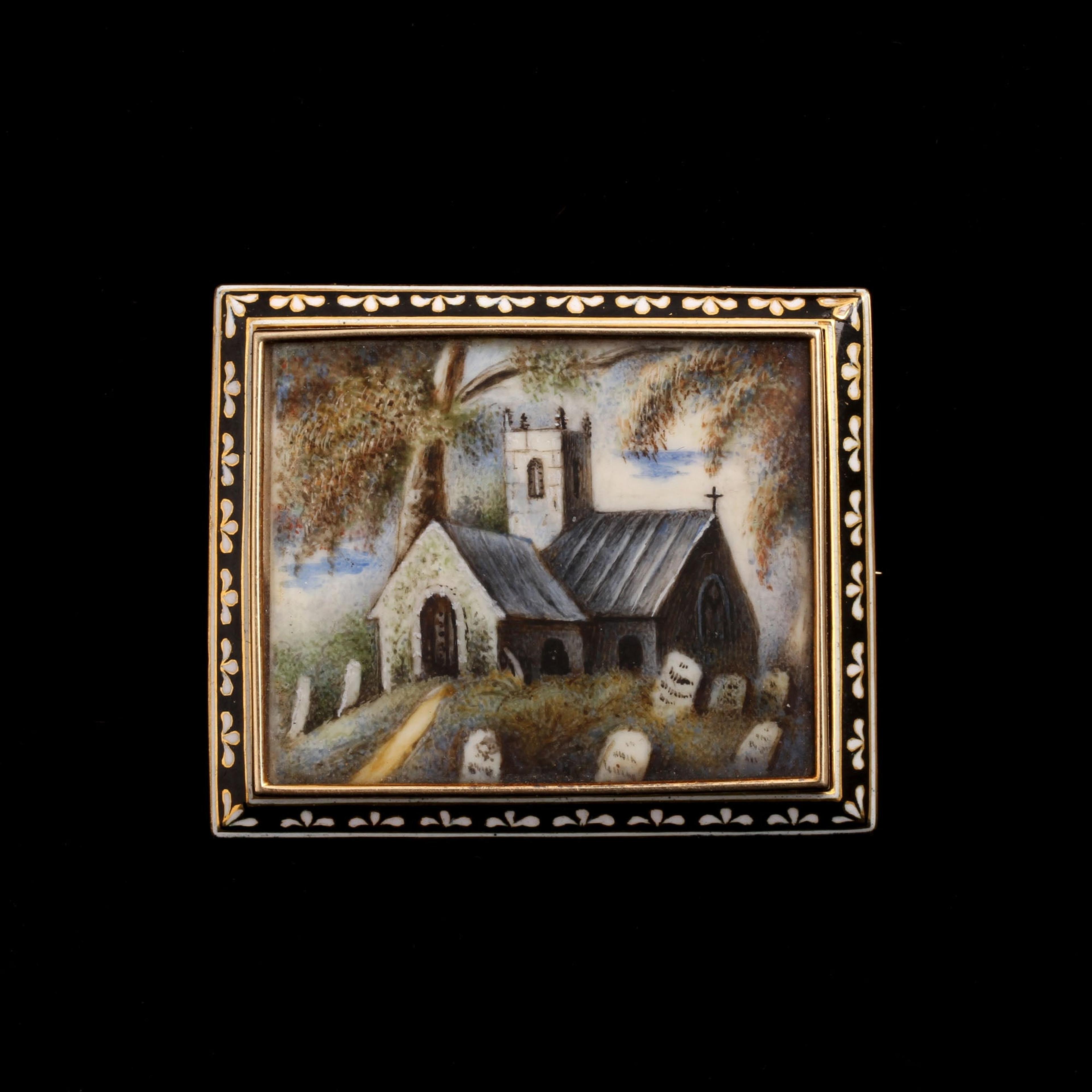 Georgian Gold & Enamel Graveyard Miniature Brooch