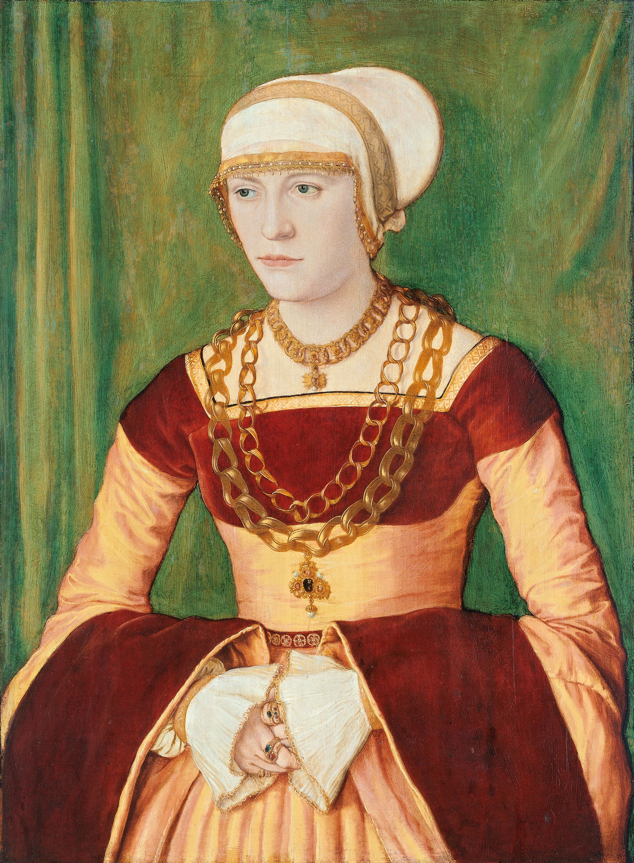 Portrait of Ursula Rudolph wearing multiple heavy chains by Barthel Beham, 1528. 