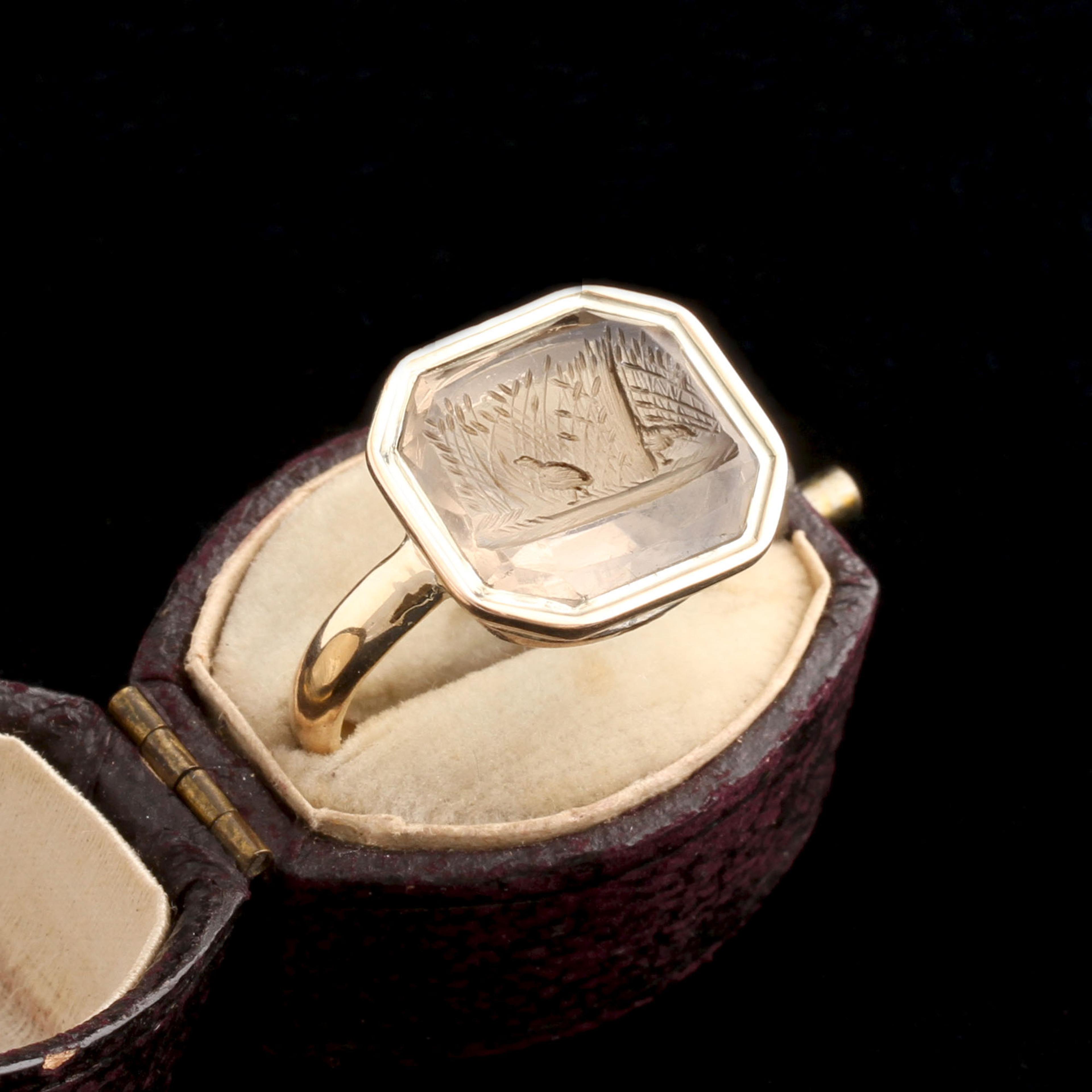 Victorian Bird in the Rushes Citrine Intaglio Ring
