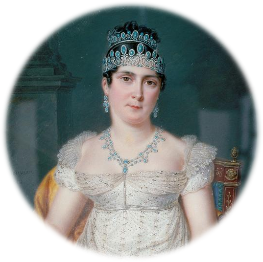 Why wear one turquoise tiara when you can wear two? Note the matching earrings and necklace. A full set of matching jewelry is called a parure. Josephine de Beauharnais, by Pierre Louis Bouvier, c. 1812
