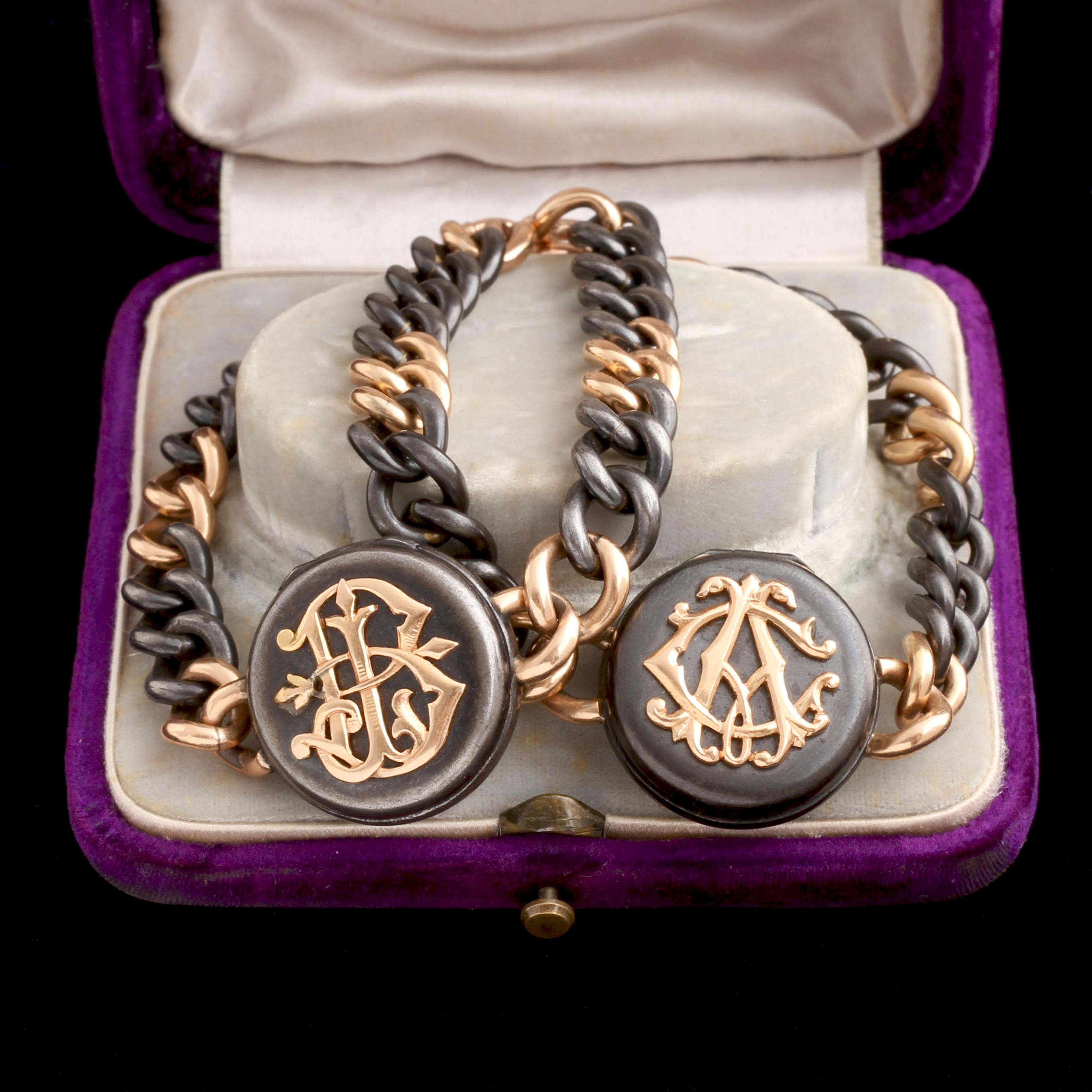 Early 20th Century French Gunmetal & Gold Monogram Locket Bracelets