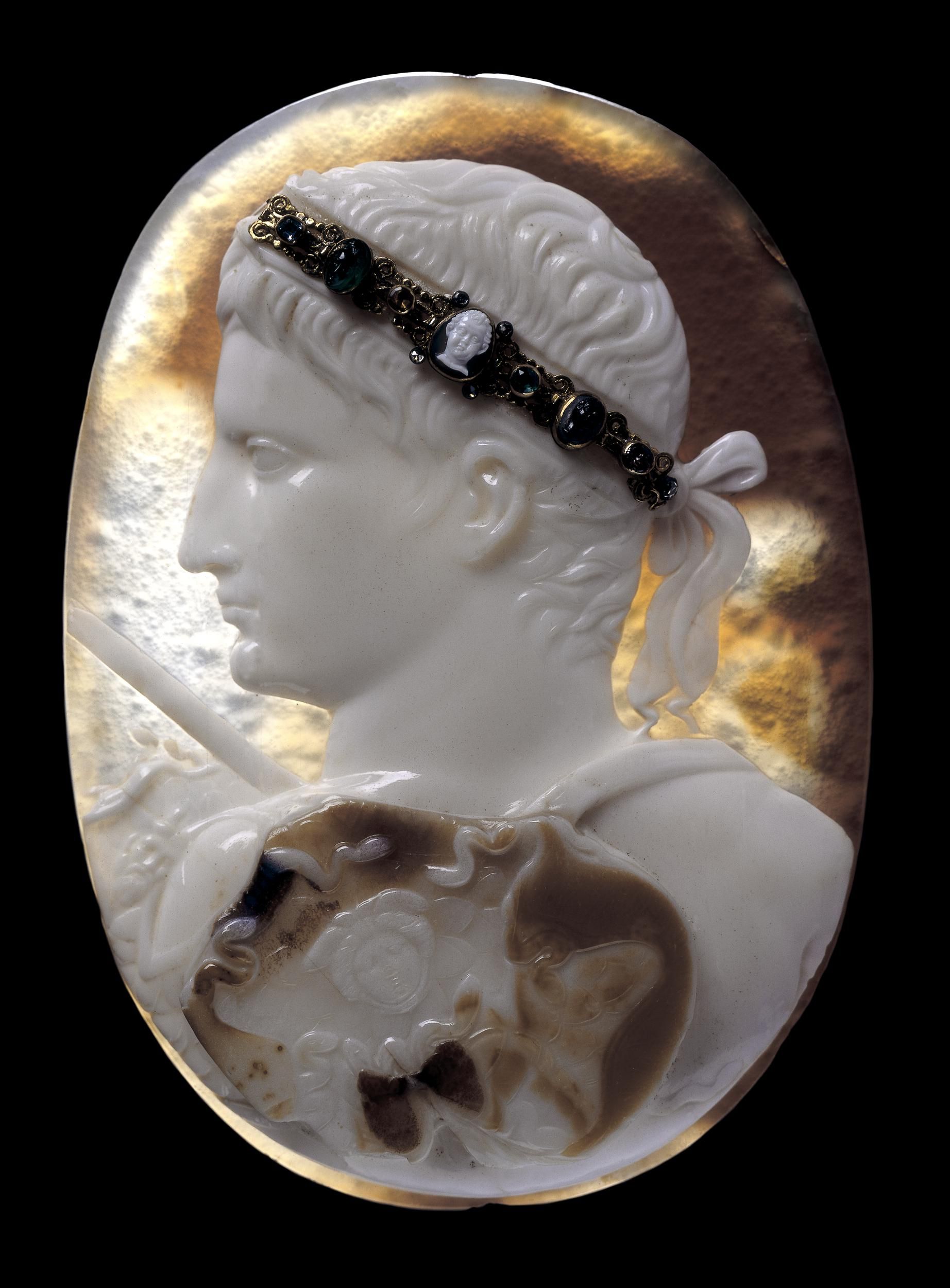 Three-layered sardonyx cameo engraved with a portrait of Augustus wearing the aegis of Minerva and a sword-belt.