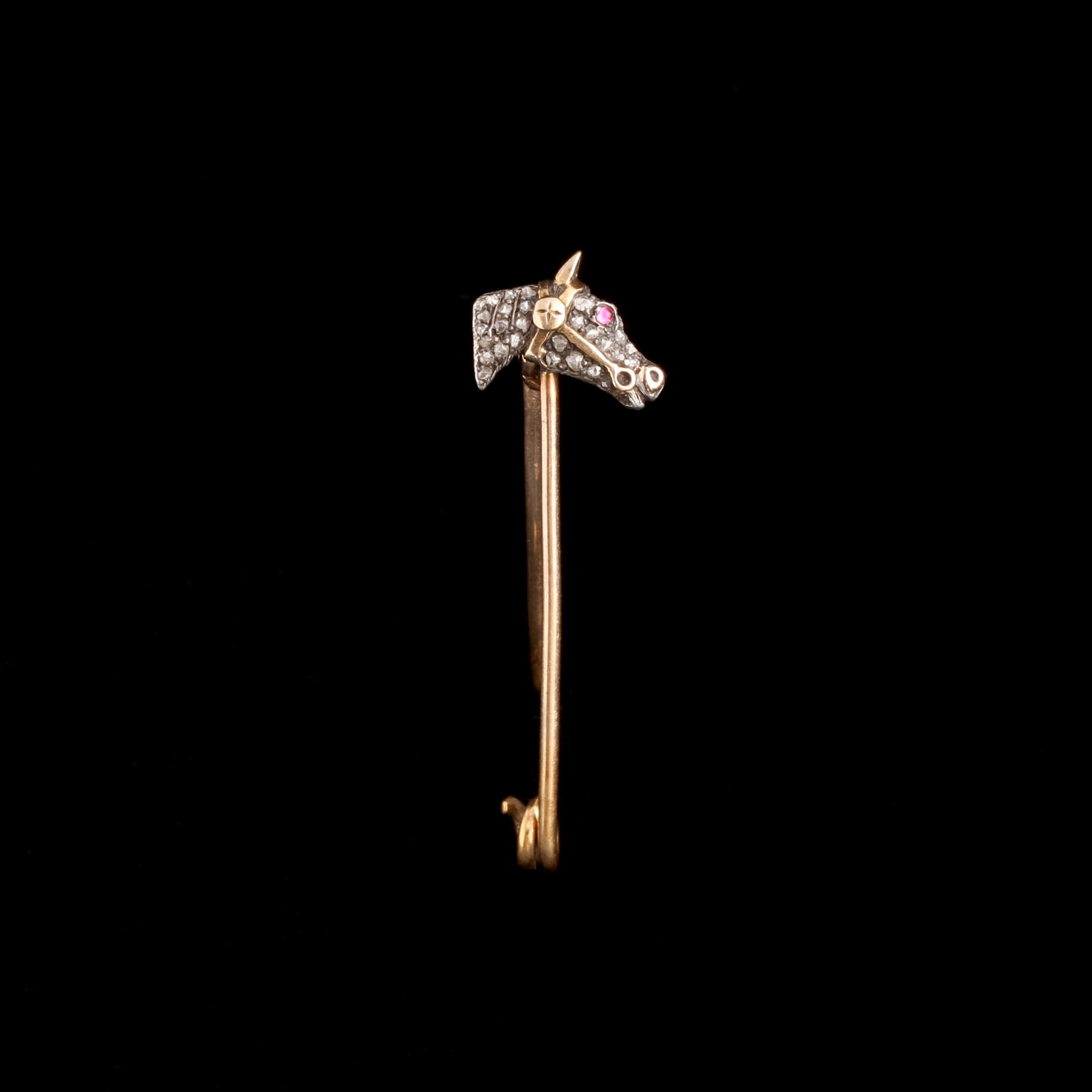Victorian Diamond & Ruby Horse Head Safety Pin