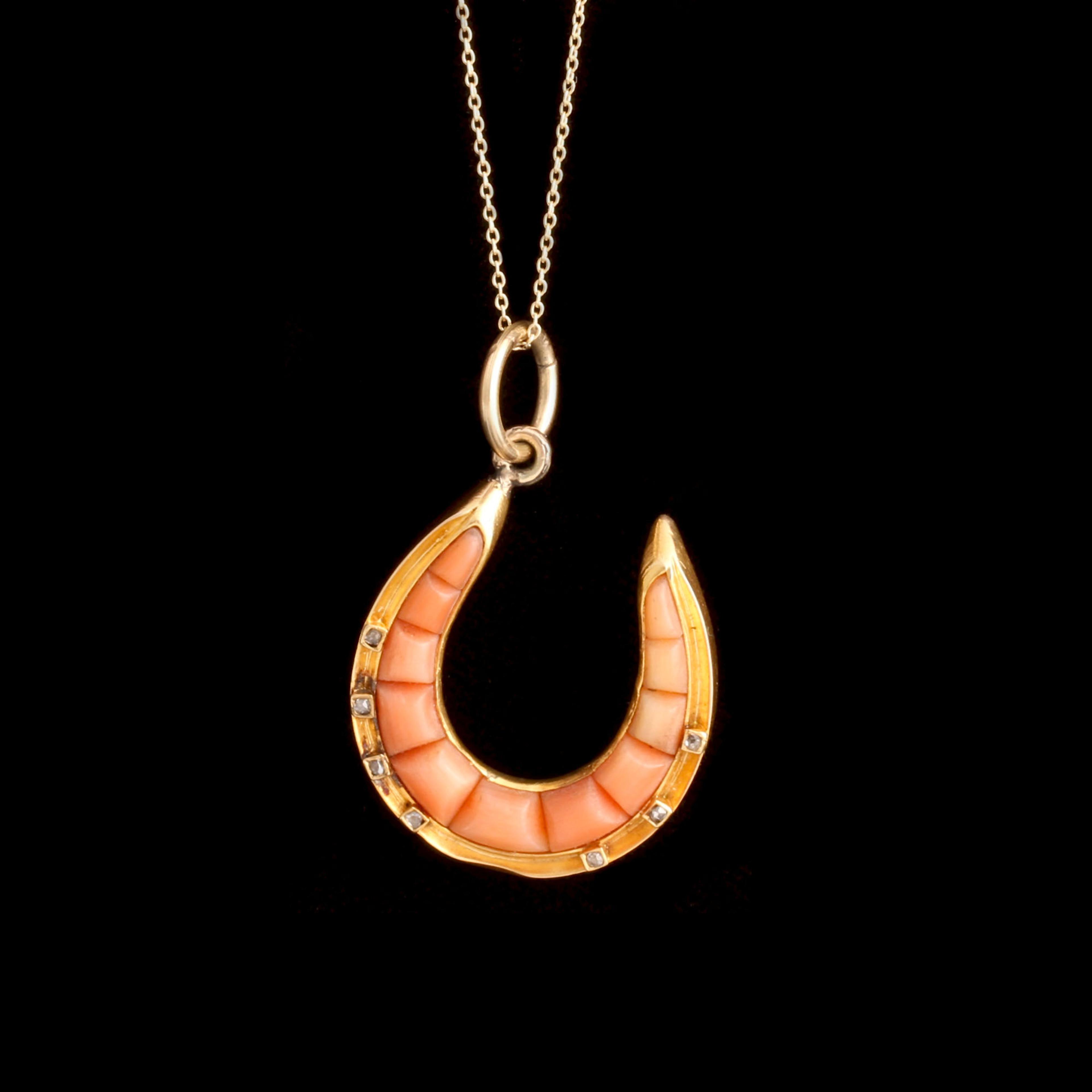 Victorian Calibré Cut Coral & Diamond Horseshoe Necklace