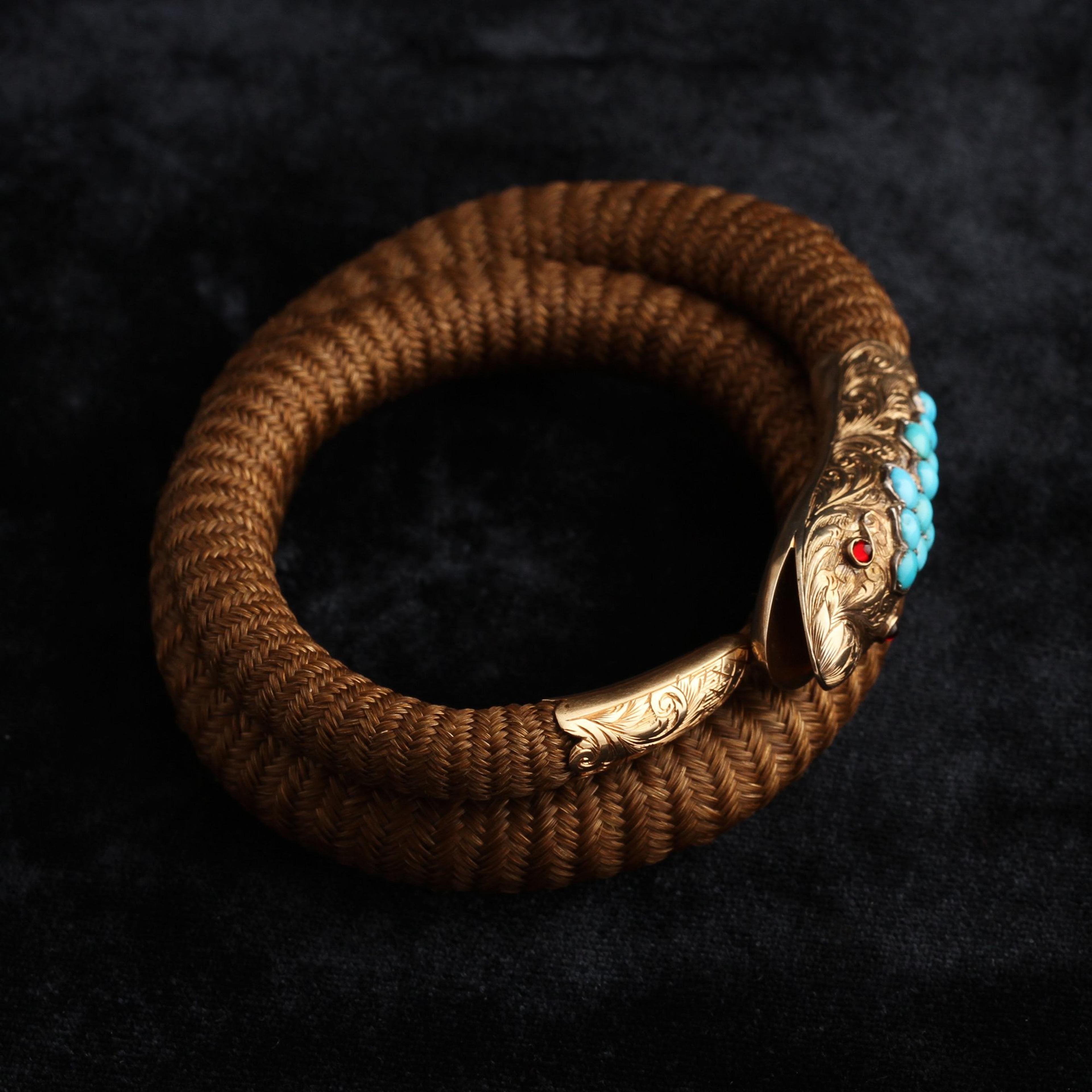 Detail of Victorian Coiled Serpent Hair Bangle with Garnets and Turquoise