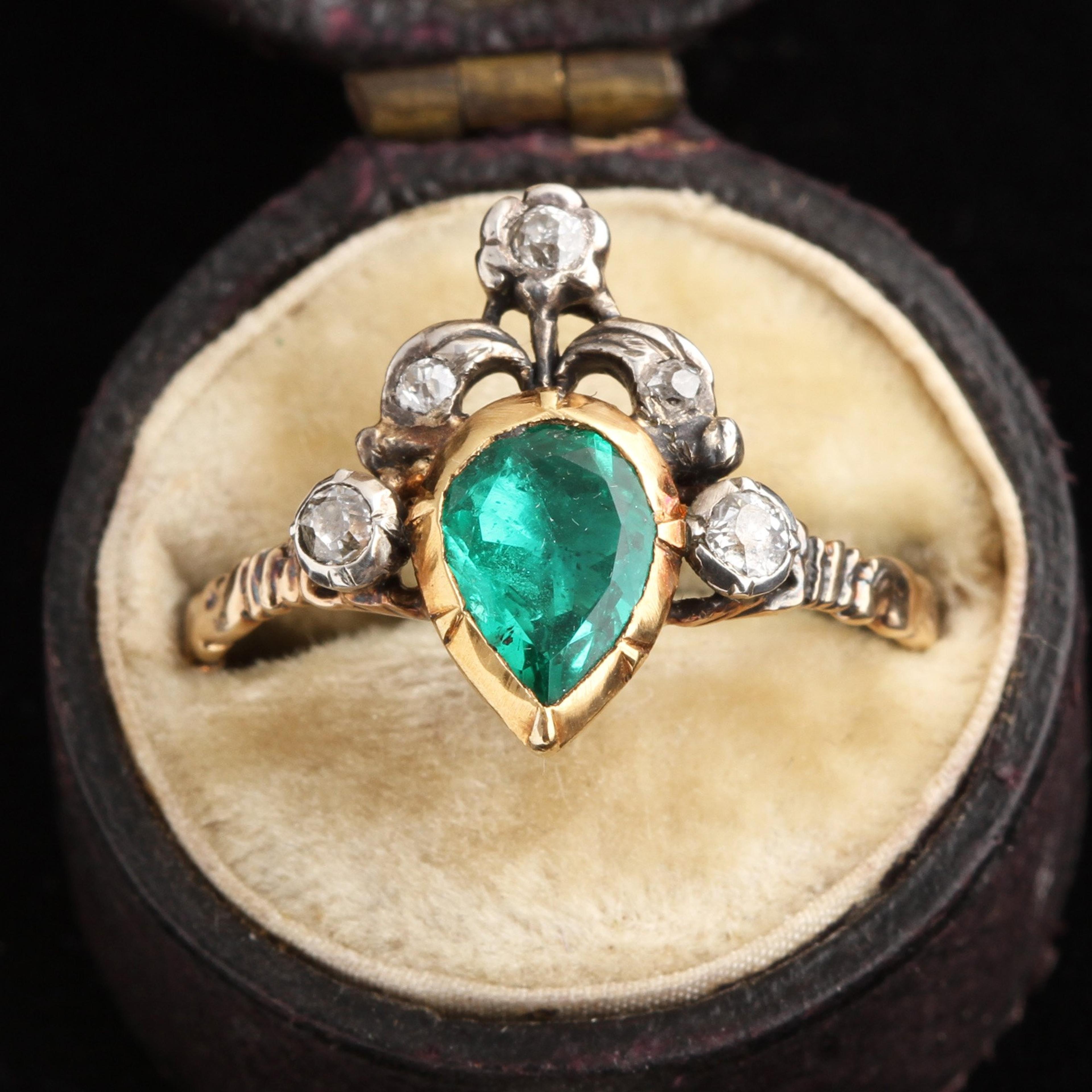 Detail of Georgian Emerald & Diamond Crowned Heart Ring