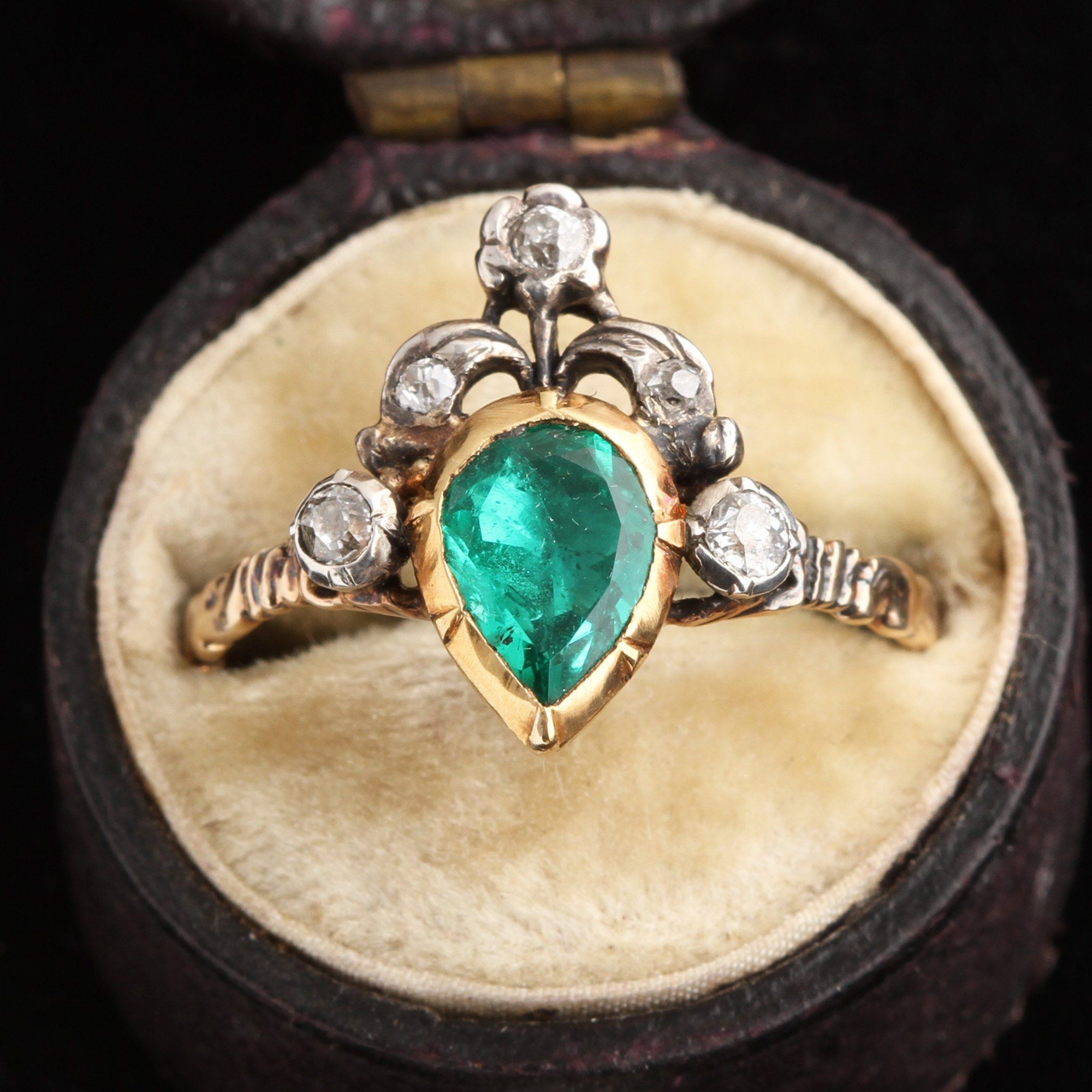 Georgian Emerald & Diamond Crowned Heart Ring