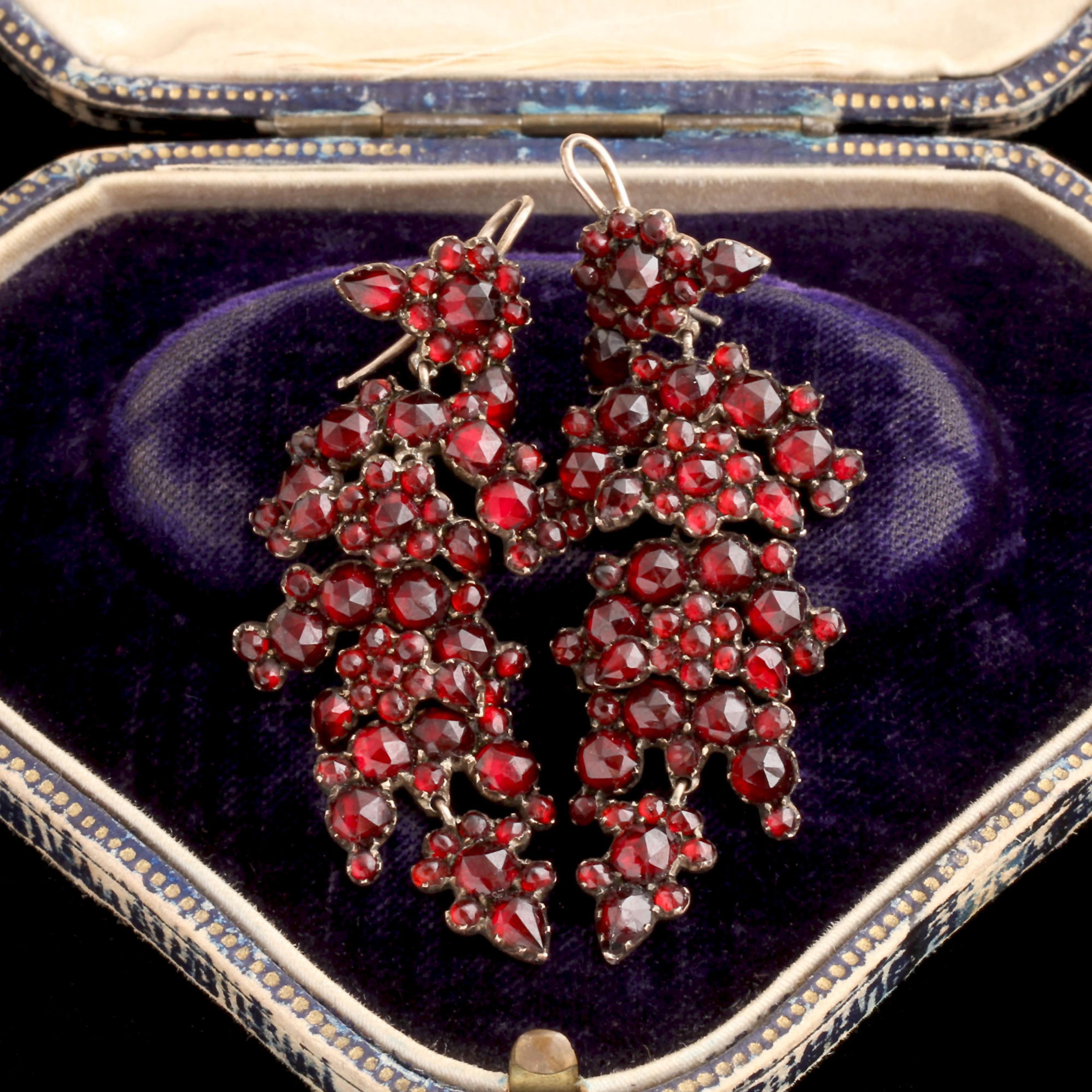 Victorian Bohemian Garnet Floral Drop Earrings