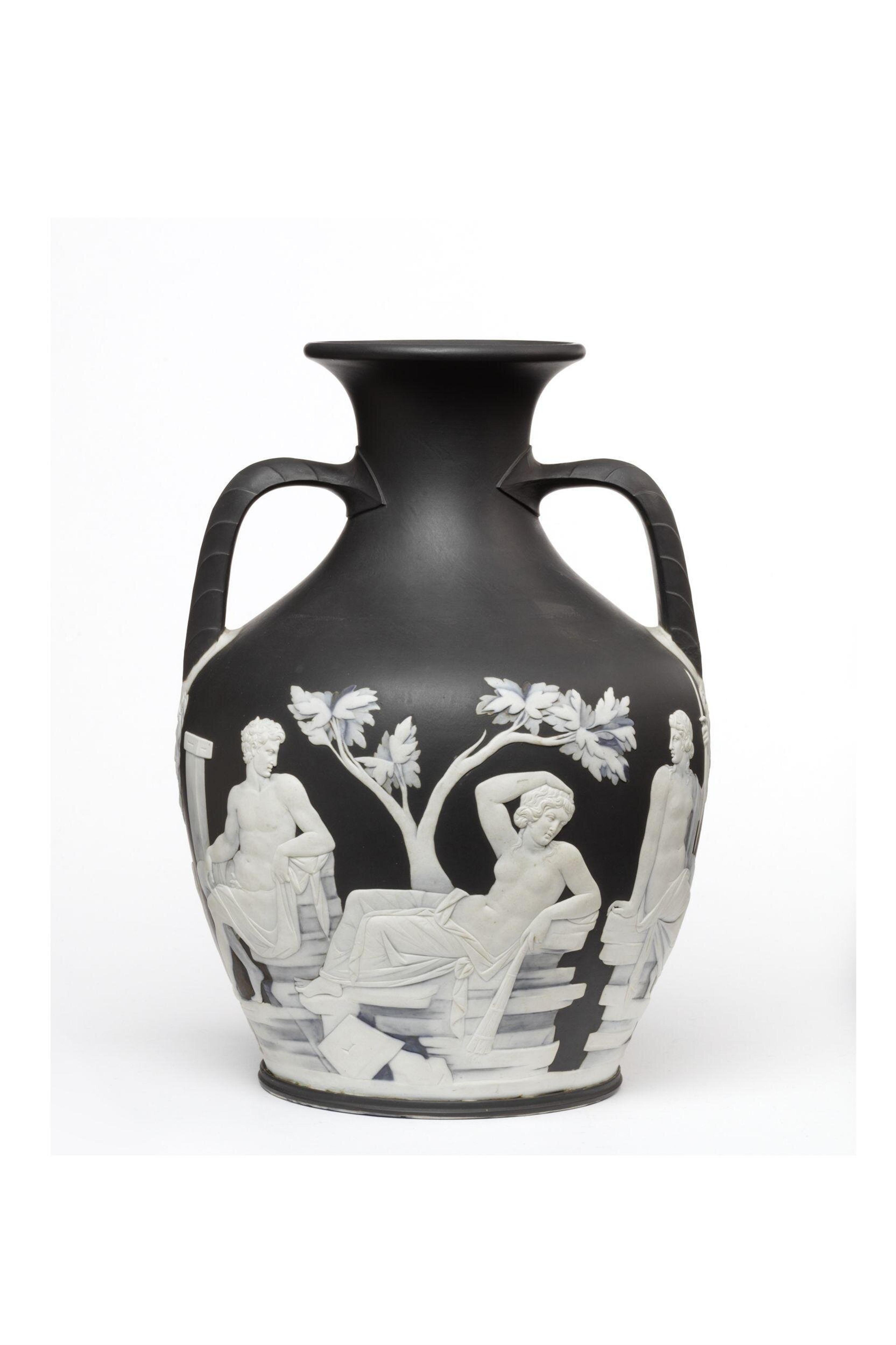 Josiah Wedgwood's Portland Vase, ca.1840-60. He made many editions of the Vase. This is the first edition. The Victoria & Albert Museum.