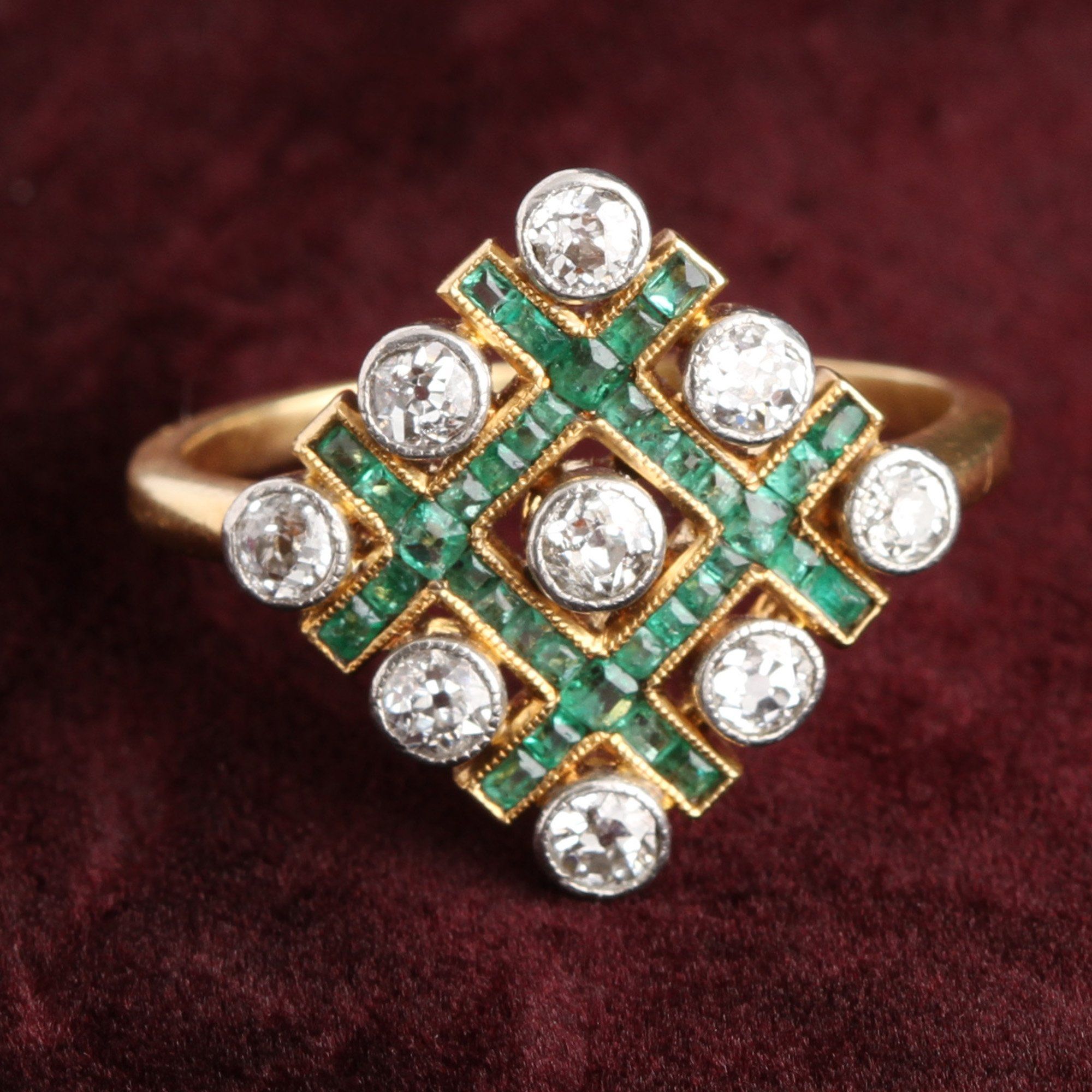 Art Deco Emerald and Diamond Tic Tac Toe Cocktail Ring