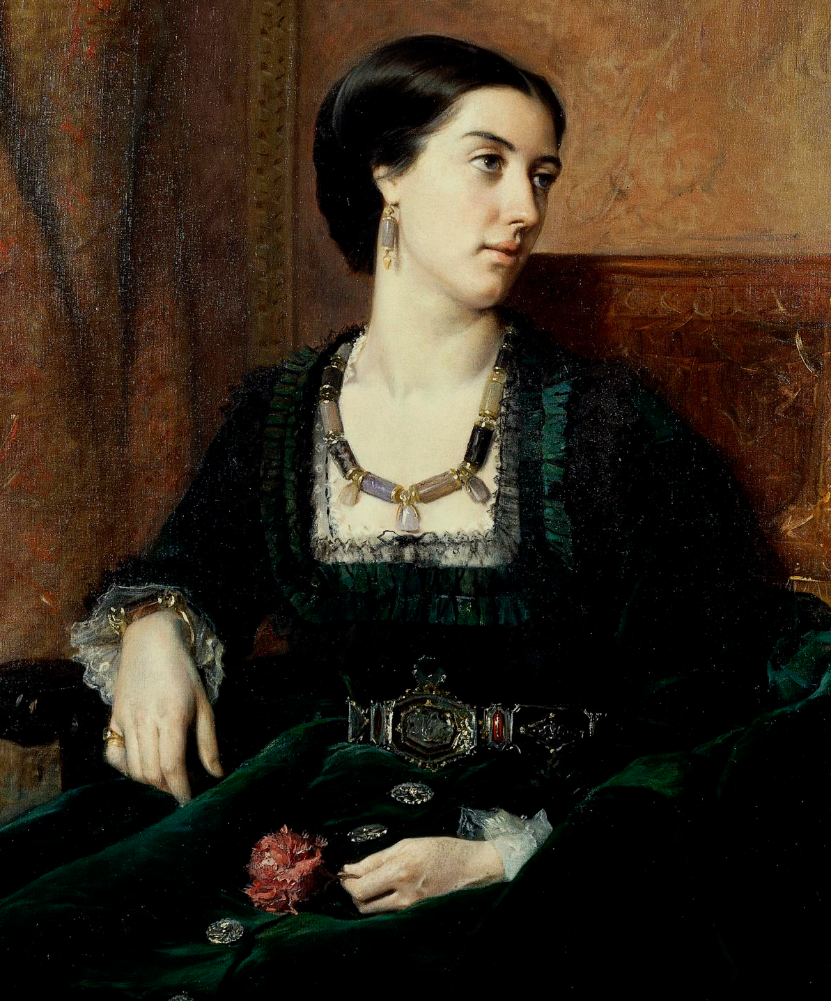 When she married her cousin and distinguished Assyrian excavator, he gave her a number of seals that he acquired from archeological sites and had them made into a necklace, bracelet and two earrings. In 1873, she wrote in her diary that when she dined with Queen Victoria at Osborne House, Isle of Wight, the jewelry was “much admired”. Portrait of Lady Ladyard by Vicente Palmaroli y González, 1870. The British Museum. 