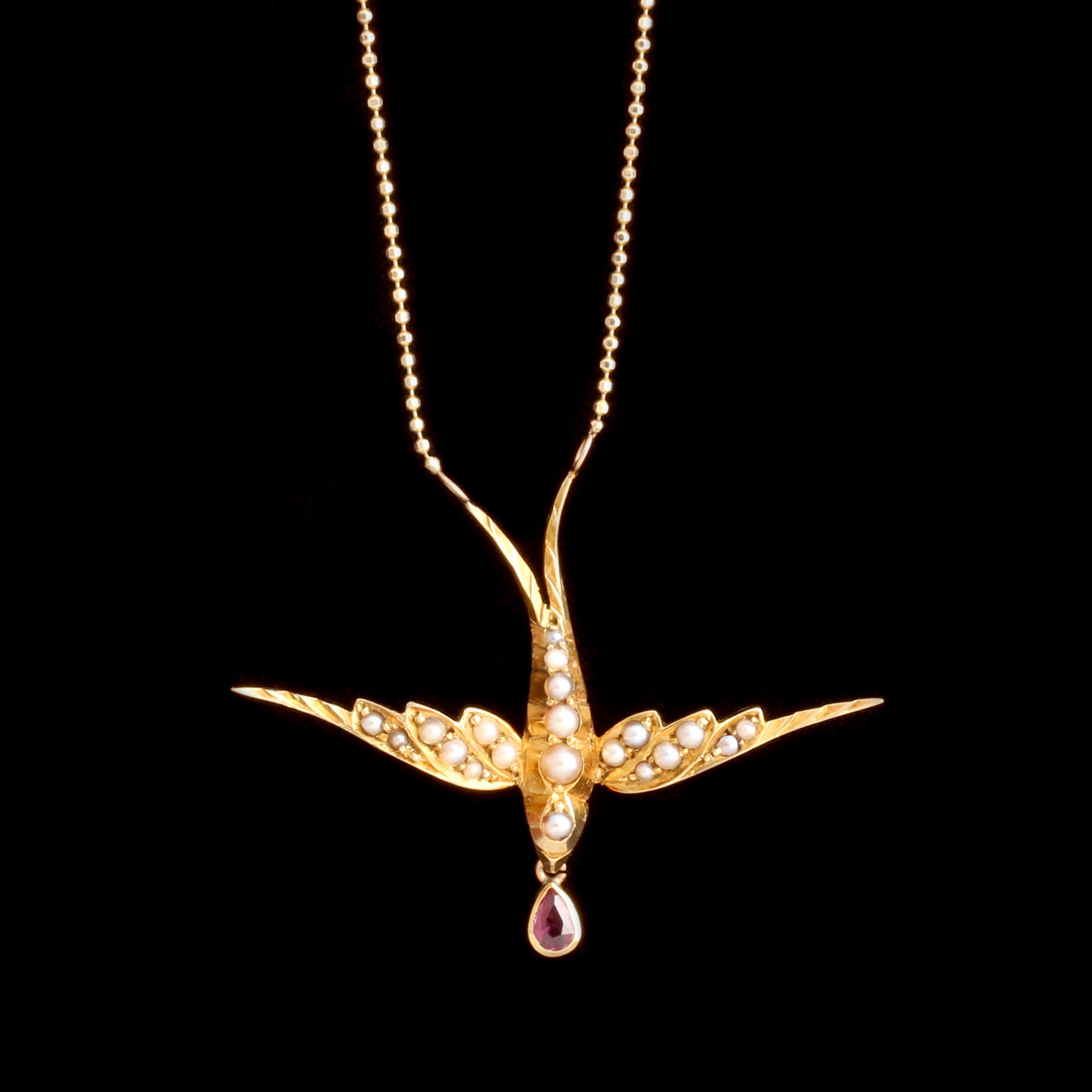 Edwardian Pink Topaz & Seed Pearl Swallow Necklace