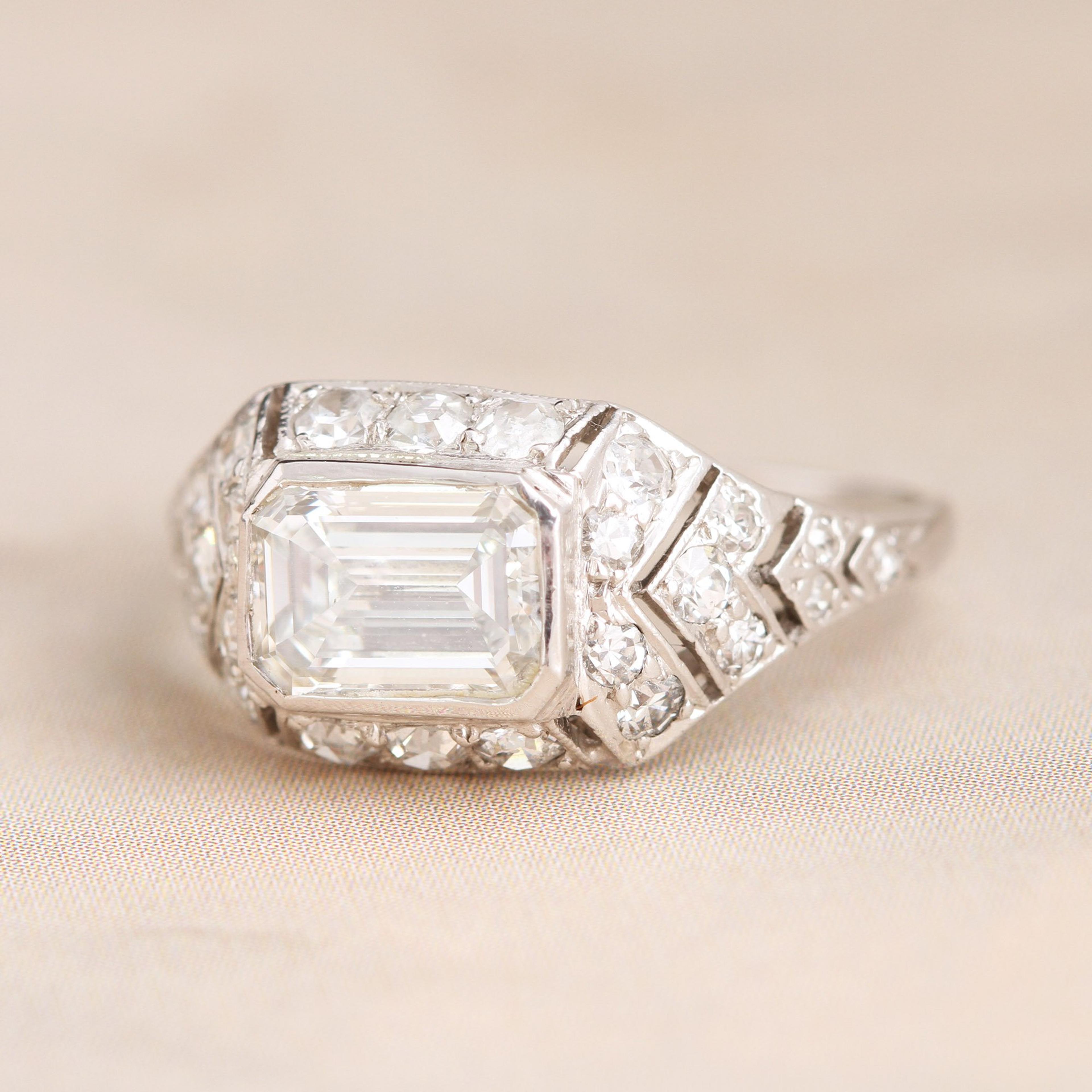 Detail of Art Deco 1.10ct Emerald Cut Diamond Chevron Engagement Ring