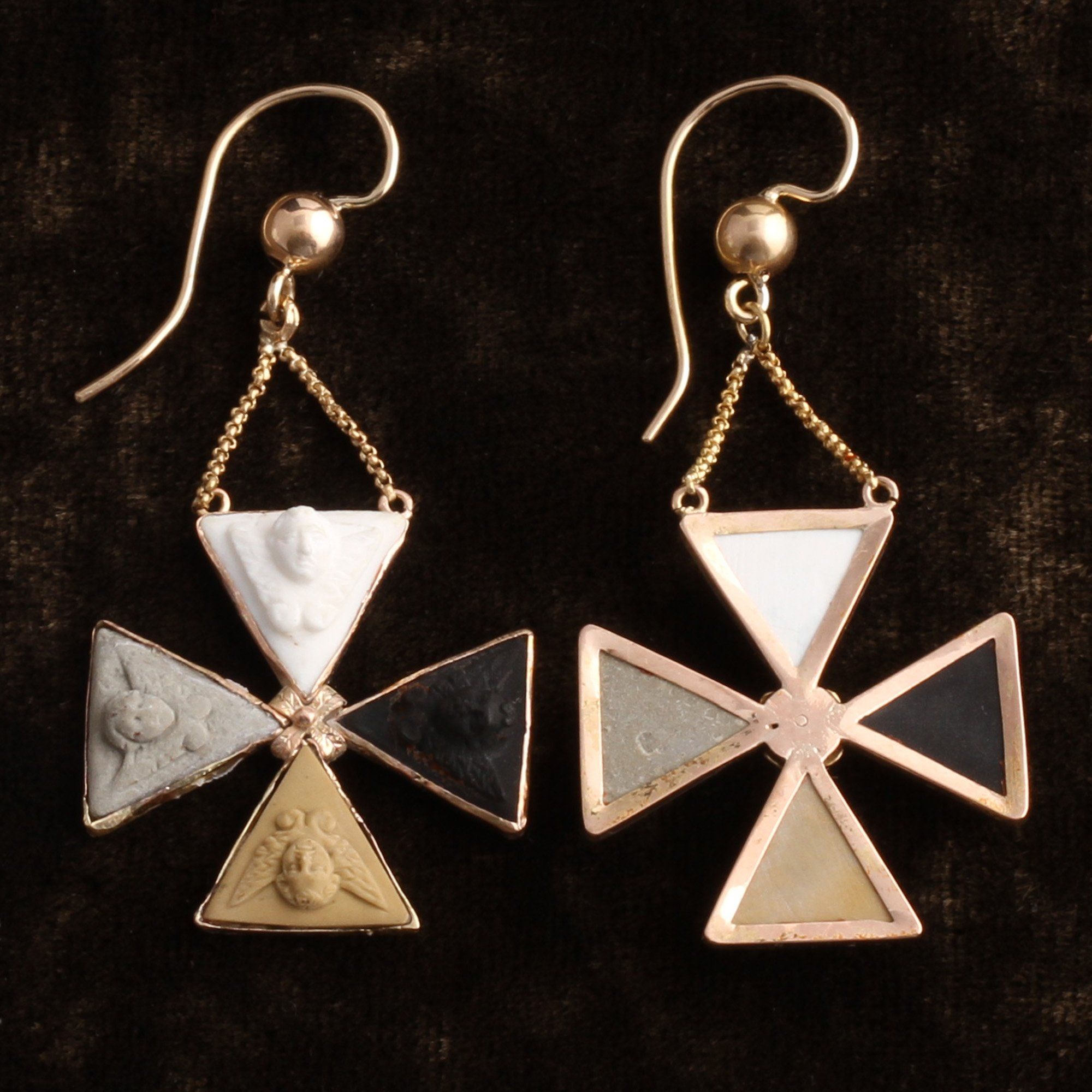 Grand Tour Maltese Cross Earrings with Lava Cameo Cherubs